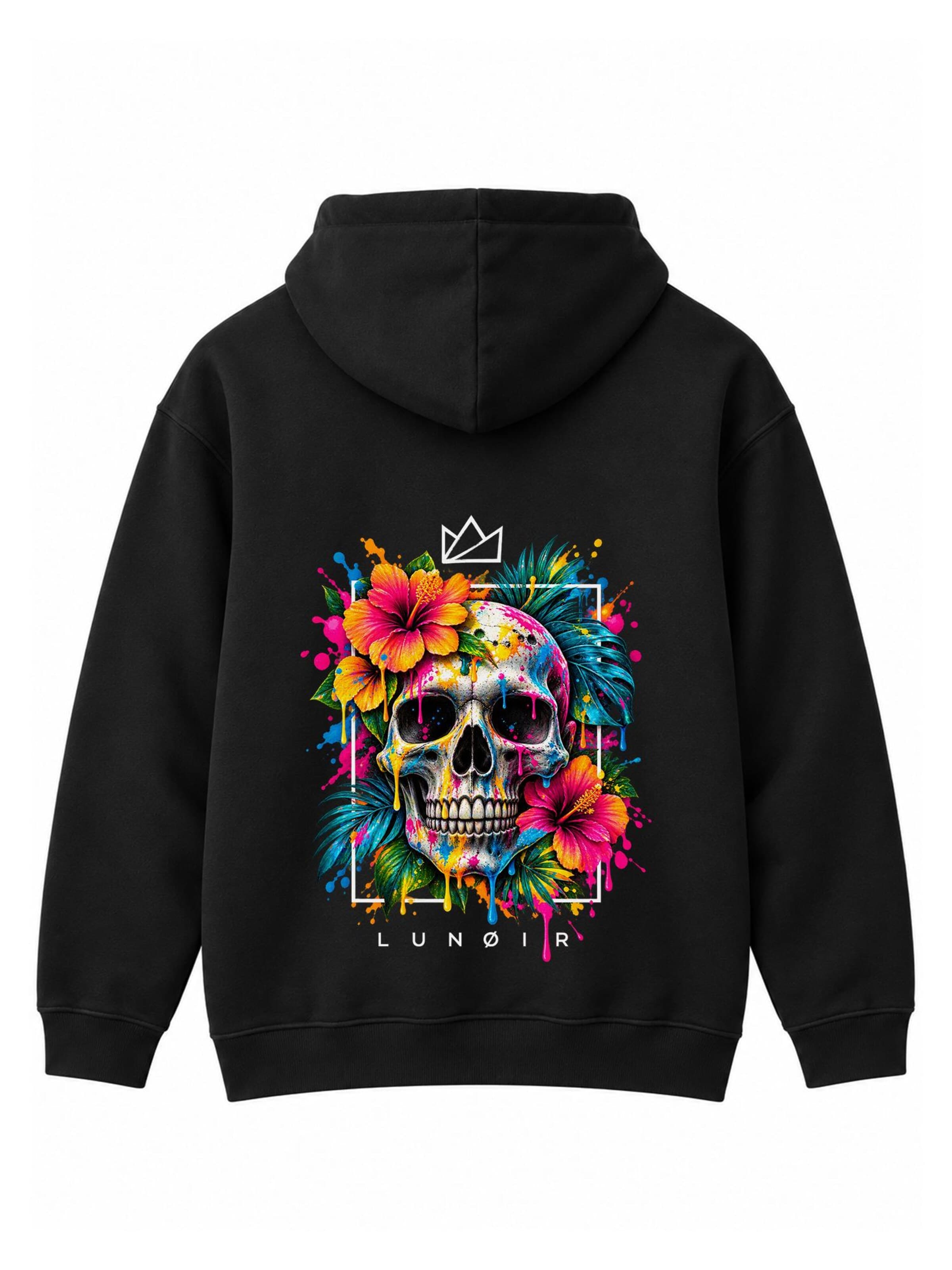 LUNØIR Studio Mikina 'Tropical Riot – Bloom Skull' – černá: přední strana