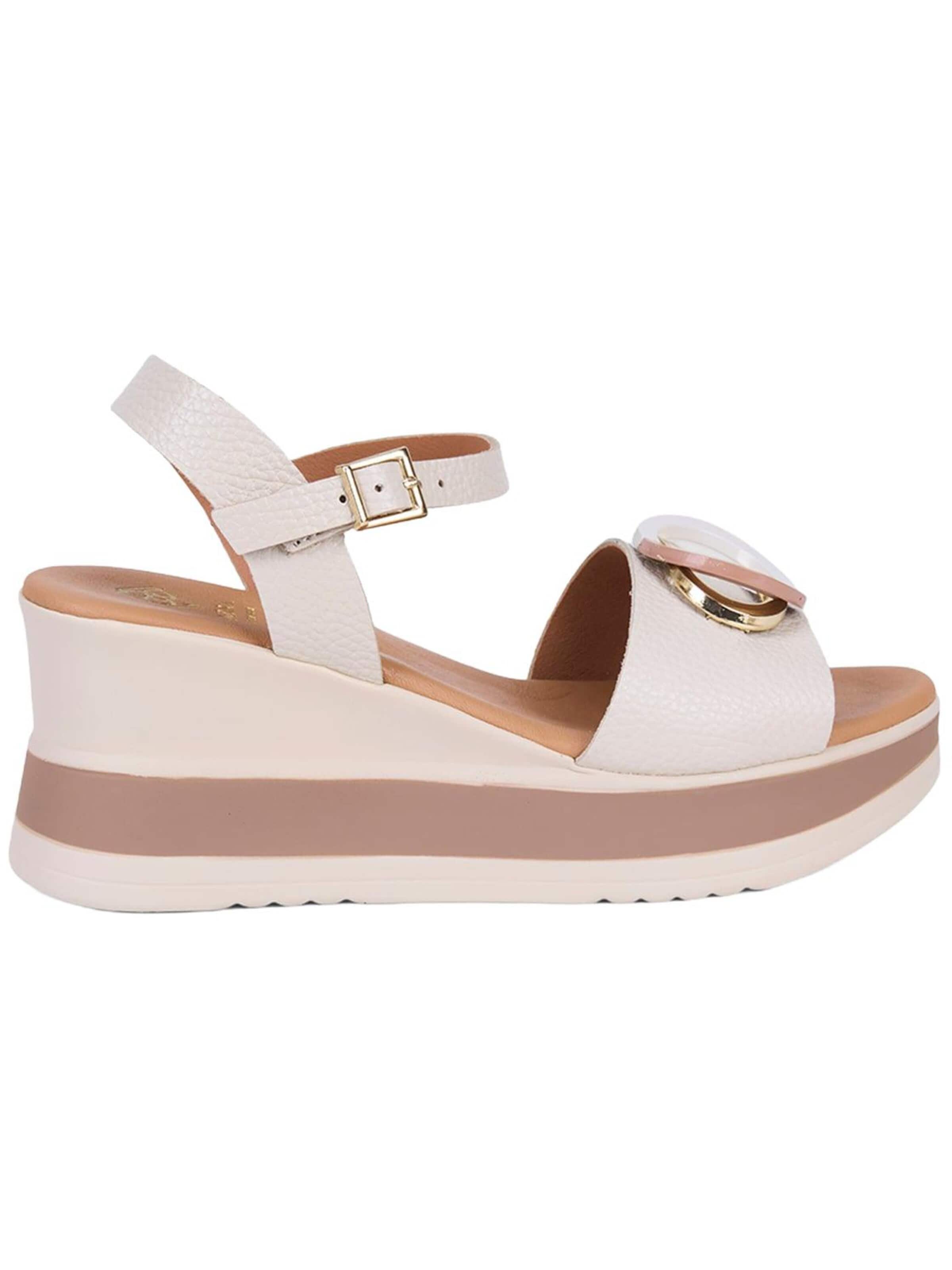 Desa T-bar sandals 'DESA Damen-Keilsandalen aus Leder mit Metallring' in Beige