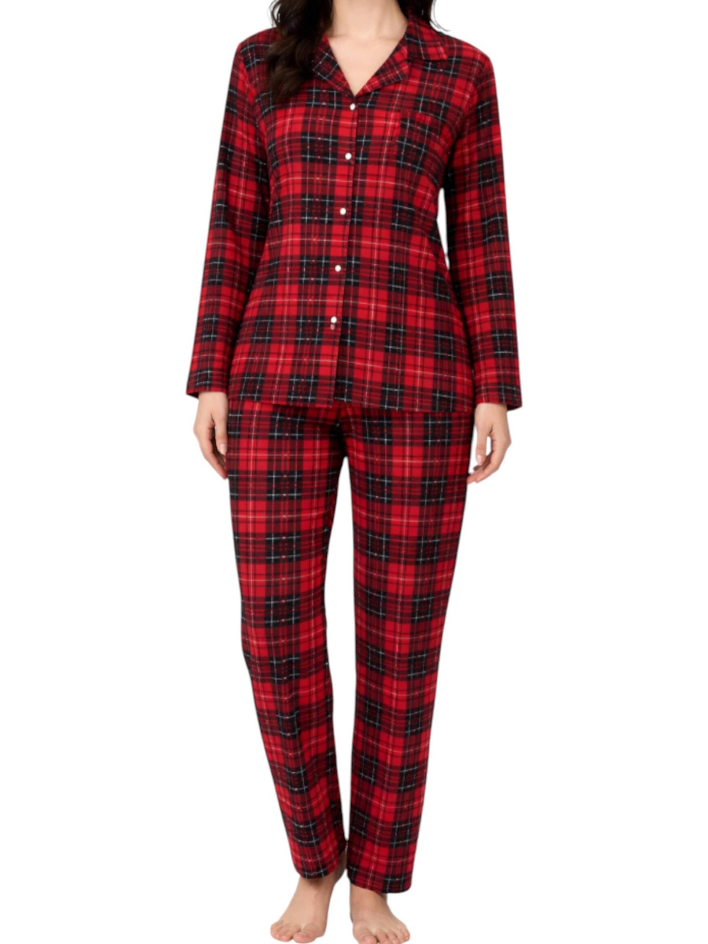 fashionshowcase Pajama 'Pyjama Damen Schlafanzug Hausanzug Bordeaux kariert mit Knopfleiste' in Red