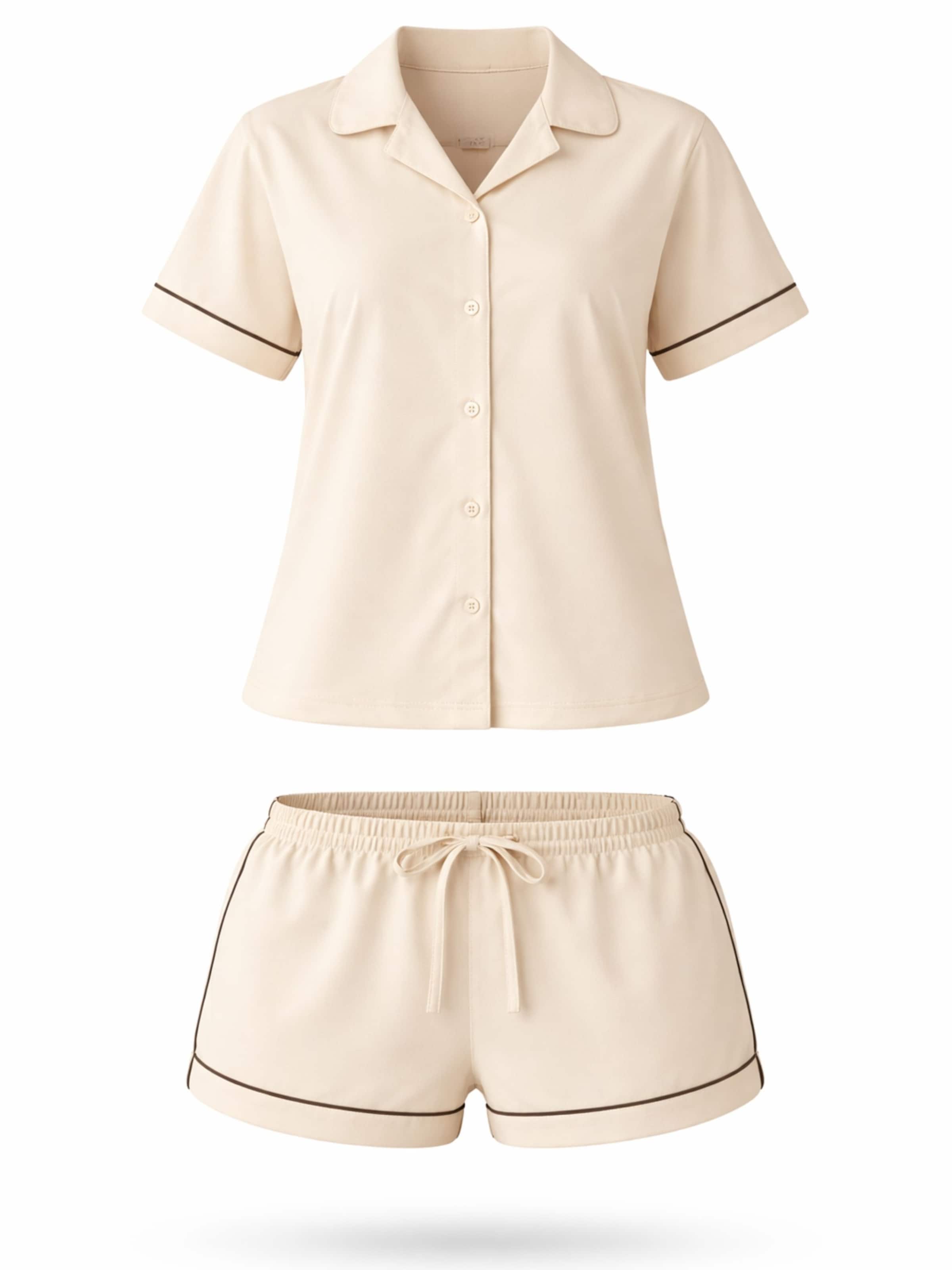 LEAFLETIC Short Pajama Set in Beige: front