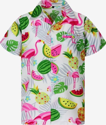 King Kameha Shirt 'Flamingo Melone' in White: front