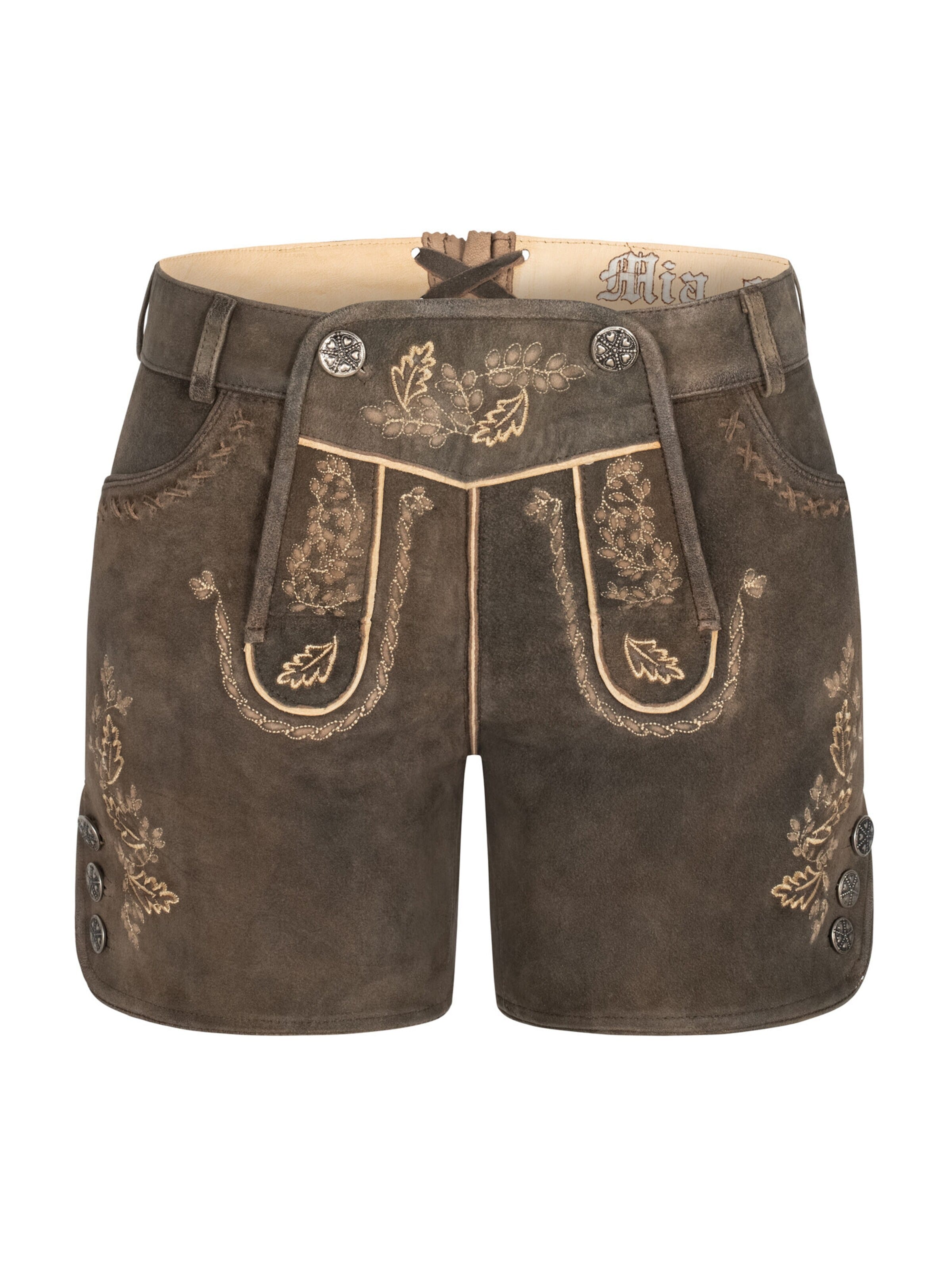Trachtenhof Nübler Regular Traditional Pants 'Lederhose Hotpant Meera' in Brown: front