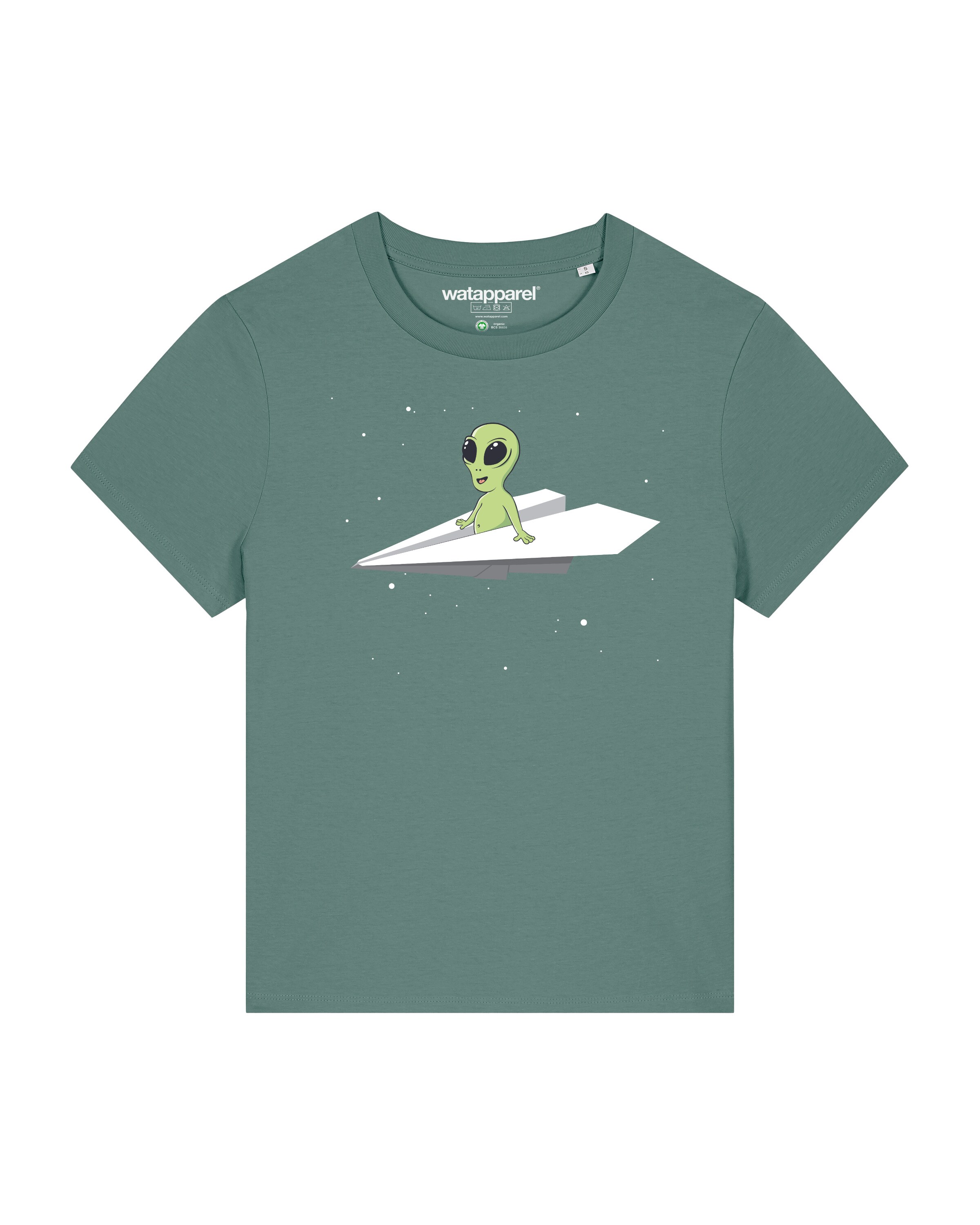Watapparel T-Shirt ' Alien on a paper plane ' in Grün: Vorderseite