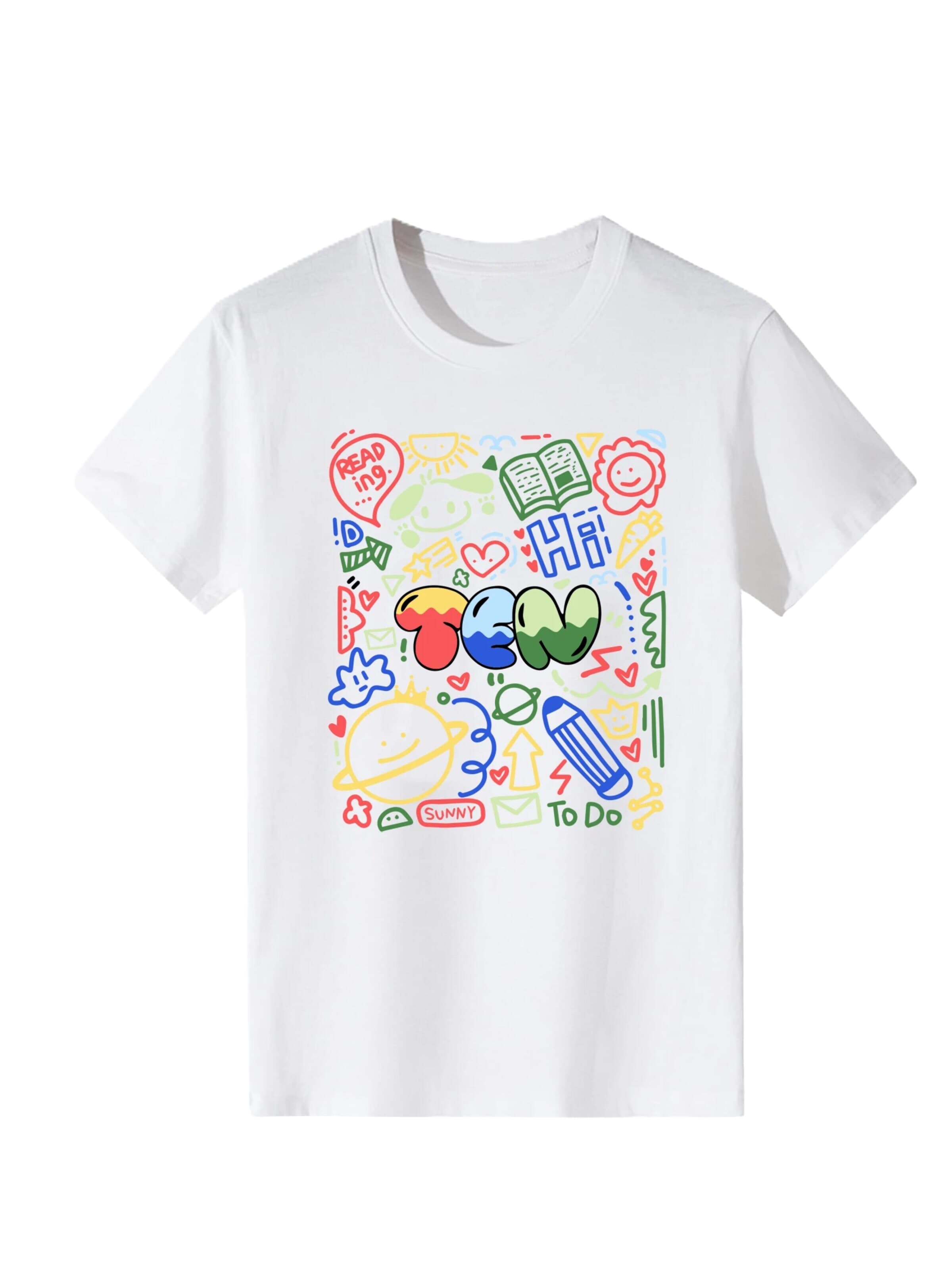 LapaPlus Shirt 'Women Colorful Graffiti TEN Letter Cute Print T-Shirt' in White: front