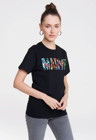 LOGOSHIRT Shirt 'Marvel Comic Colour Logo' in Zwart: voorkant