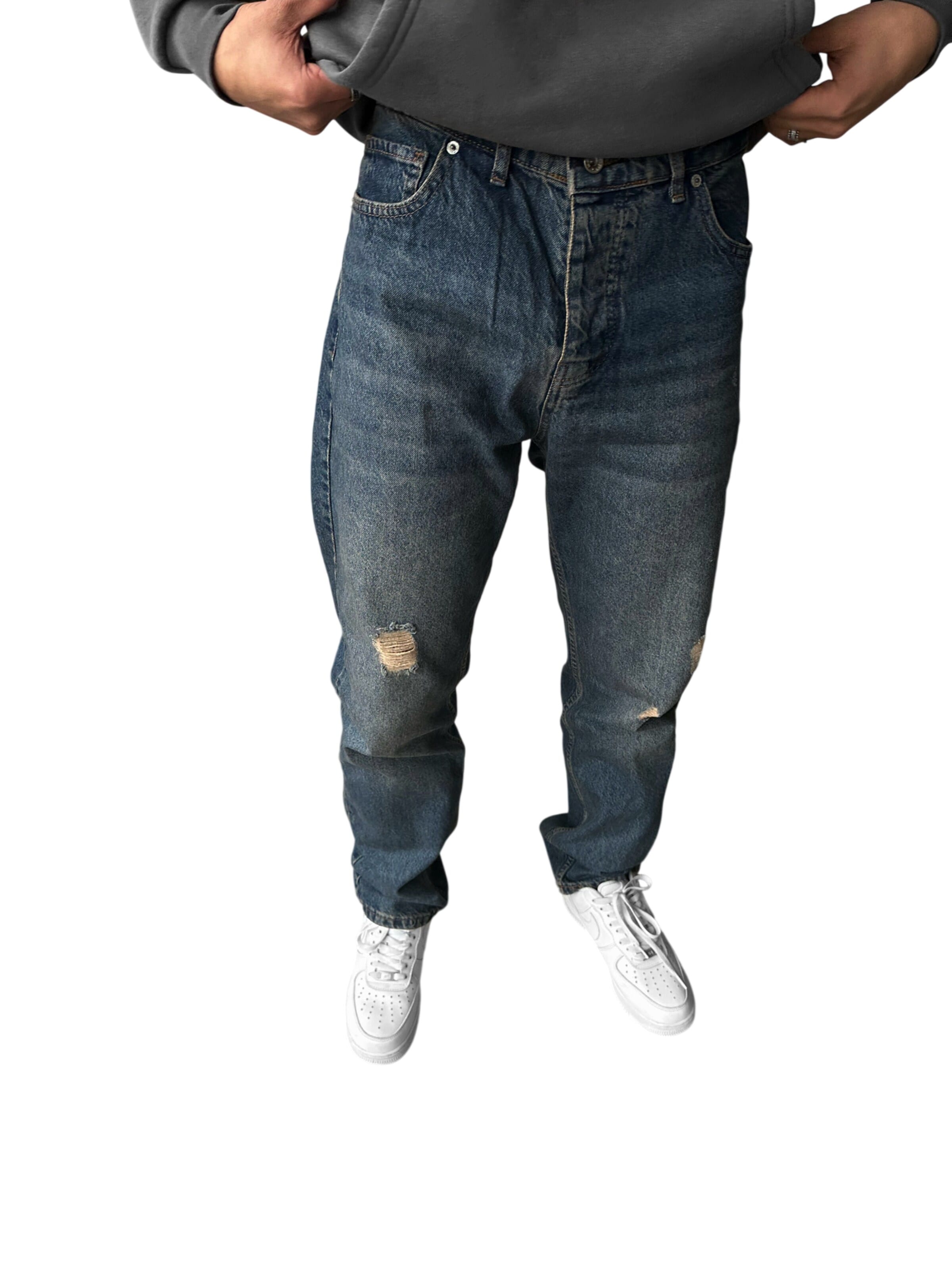 Kleidermafia Baggy Jeans 'Baggy Torn Washed Jeans - Dark Blue' in Blauw: voorkant