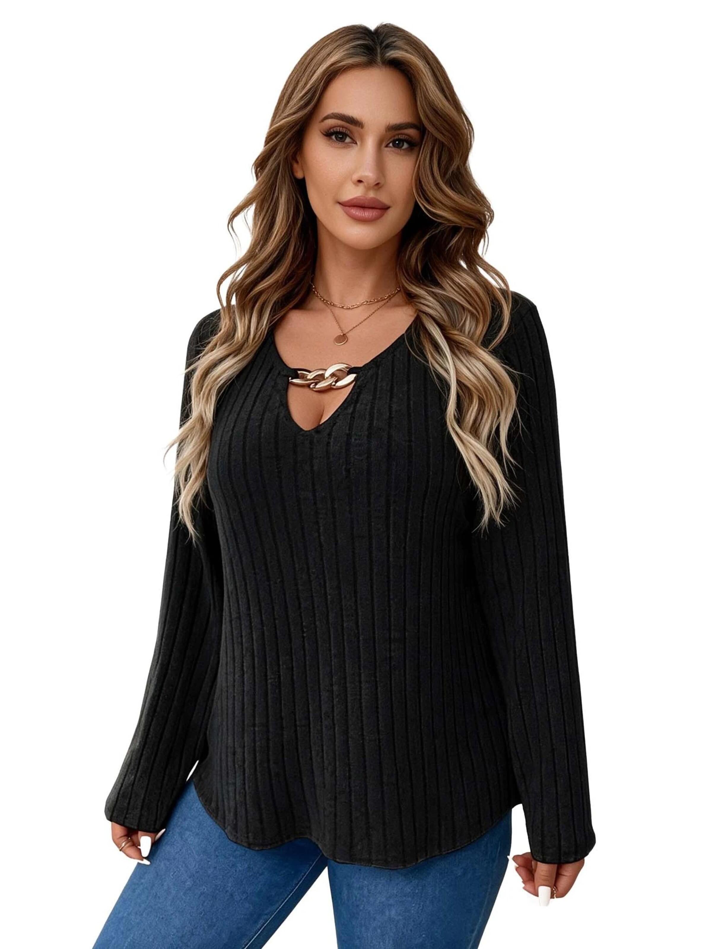 KoJooin Koszulka 'Damen-Plus-Size-Langarmshirt mit V-Ausschnitt und feiner Rippstruktur' w kolorze czarny: przód