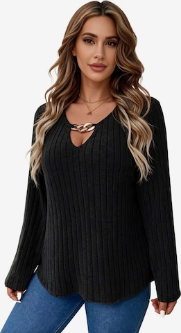 KoJooin Koszulka 'Damen-Plus-Size-Langarmshirt mit V-Ausschnitt und feiner Rippstruktur' w kolorze czarny: przód