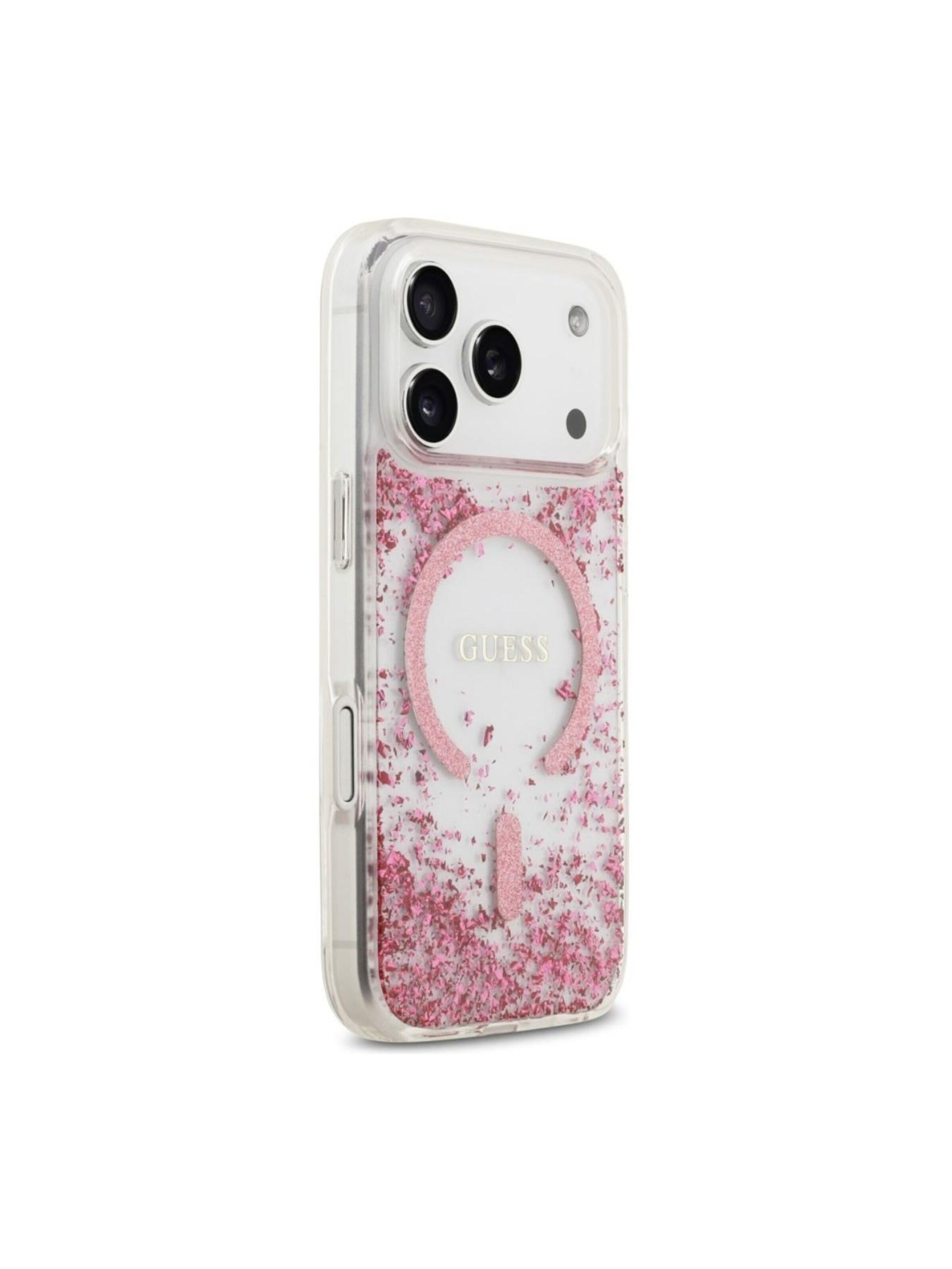 GUESS Smartphonehoesje 'GUESS MagSafe Resin Bottom Glitter for iPhone 17 Pro' in Roze