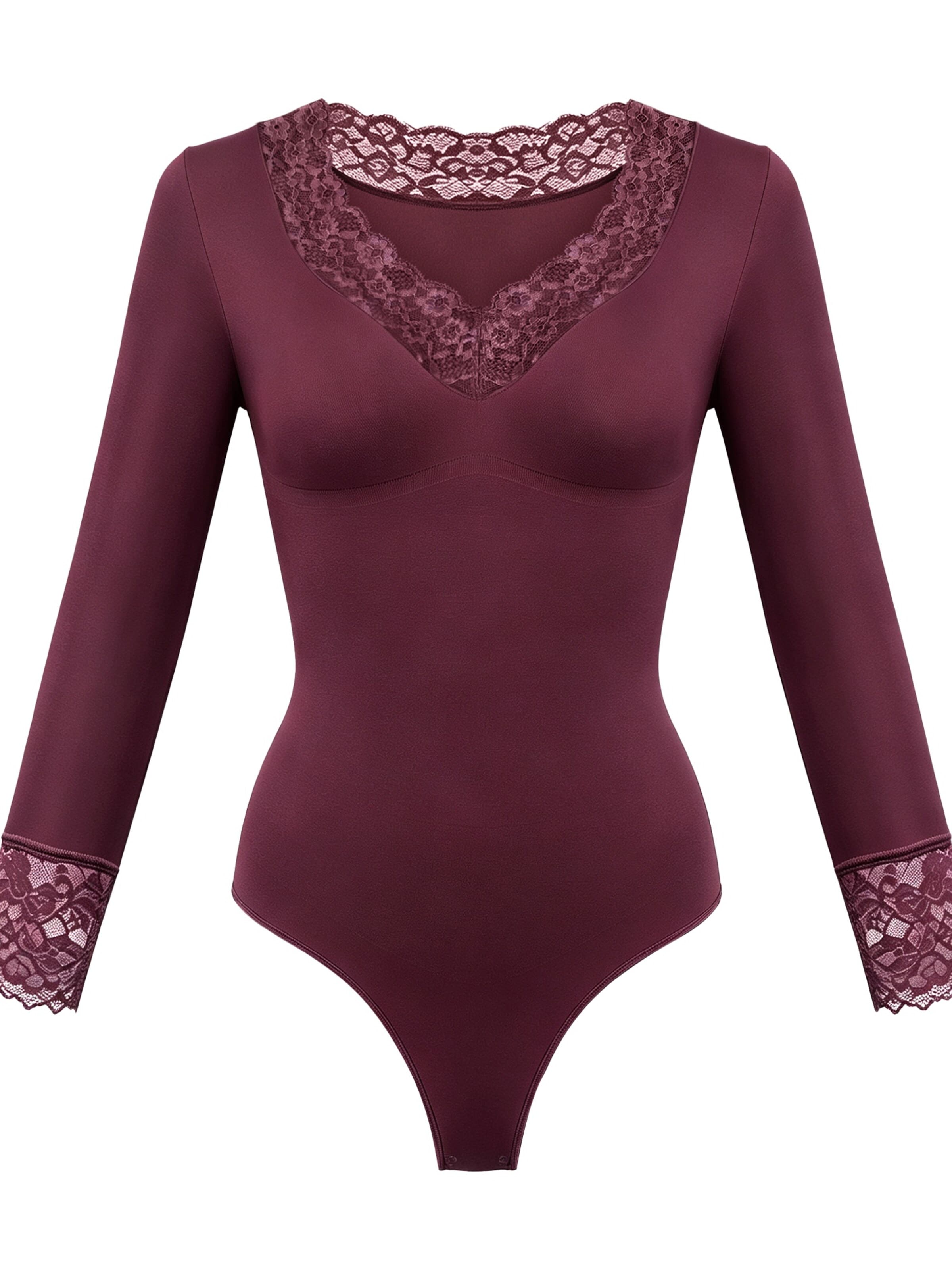 cfab Shaping bodysuit 'Clean Longsleeve V-Neck with Lace Sculpting Bodysuit with String' in XS in Burgundy, Item view