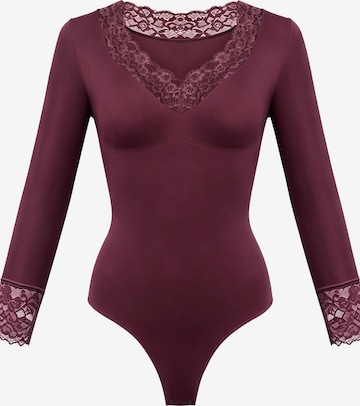 cfab - Body moldeador 'Clean Longsleeve V-Neck with Lace Sculpting Bodysuit with String' en rojo: frente