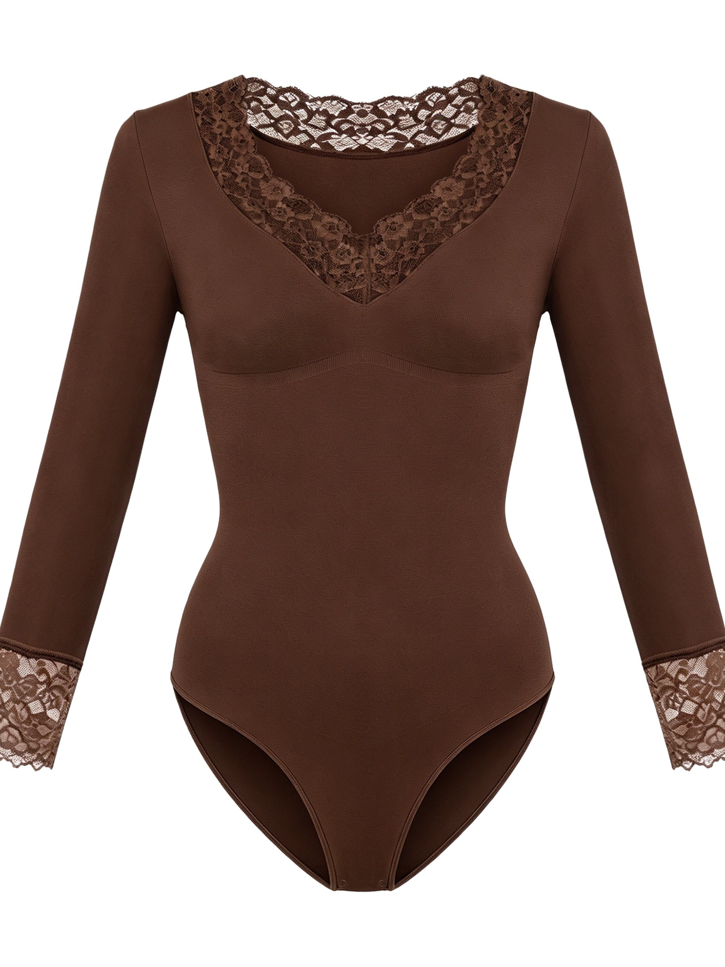 cfab Shaping bodysuit 'Clean Longsleeve V-Neck with Lace Sculpting Bodysuit with Slip' in XS in Brown, Item view