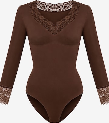 cfab - Body moldeador 'Clean Longsleeve V-Neck with Lace Sculpting Bodysuit with Slip' en marrón: frente