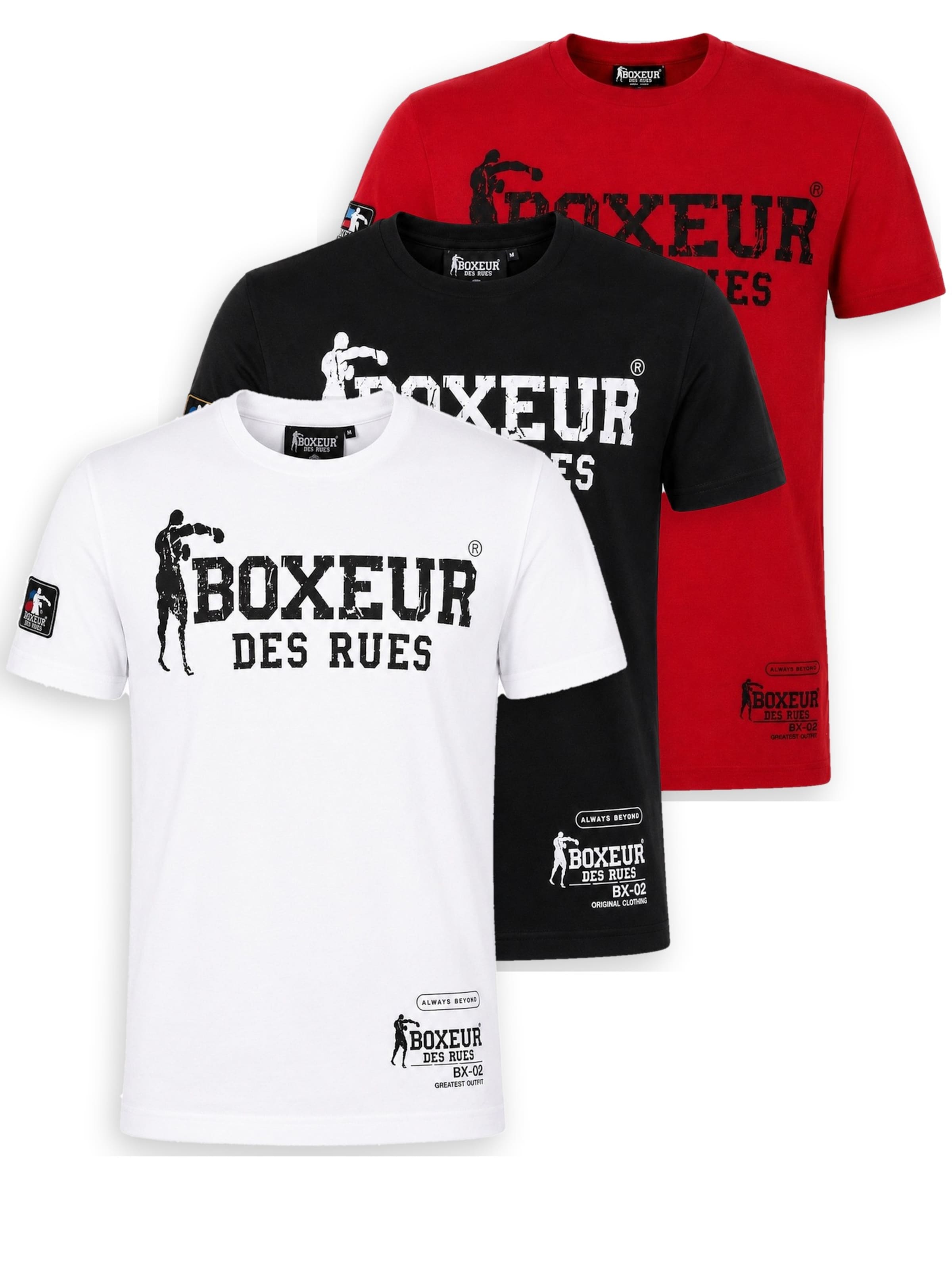 T-Shirt 'Herren T-Shirt 3er-Pack Boxeur des Rues Slim Fit: Weiß, Schwarzes Logo + Schwarz, Weißes Logo + Rot, Schwarzes Logo' Boxeur des Rues en multicouleur : devant