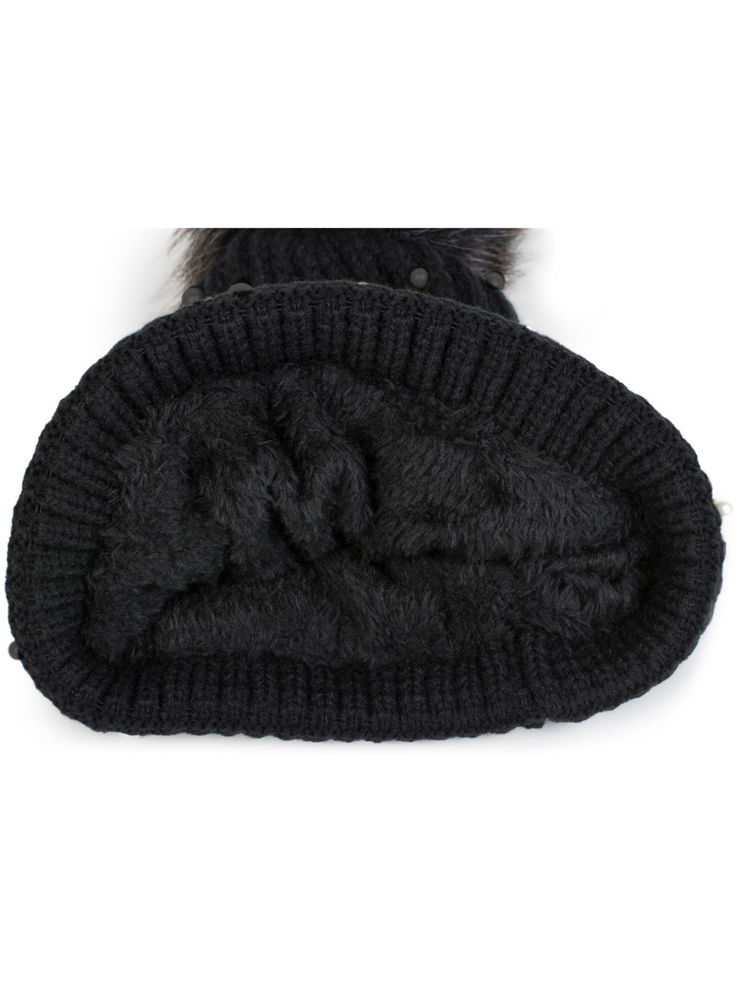 styleBREAKER Mütze 'Strick Bommelmütze mit Perlen und Fleece Futter'‌ in Schwarz