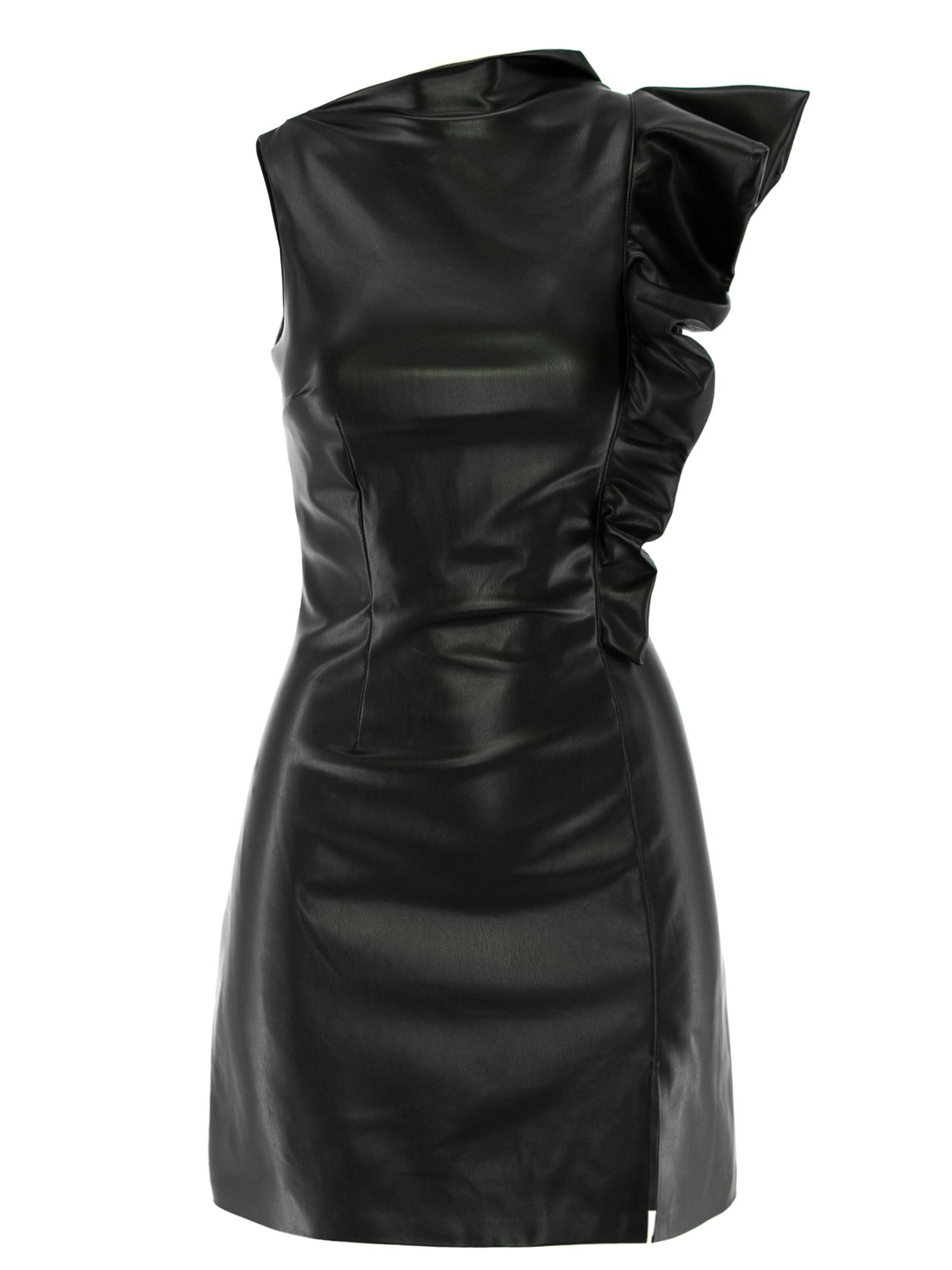 AVENUE N°29 Kjole 'Eco Leather Asymmetrical Mini Dress With Ruffle' i 32 i sort, Produktvisning