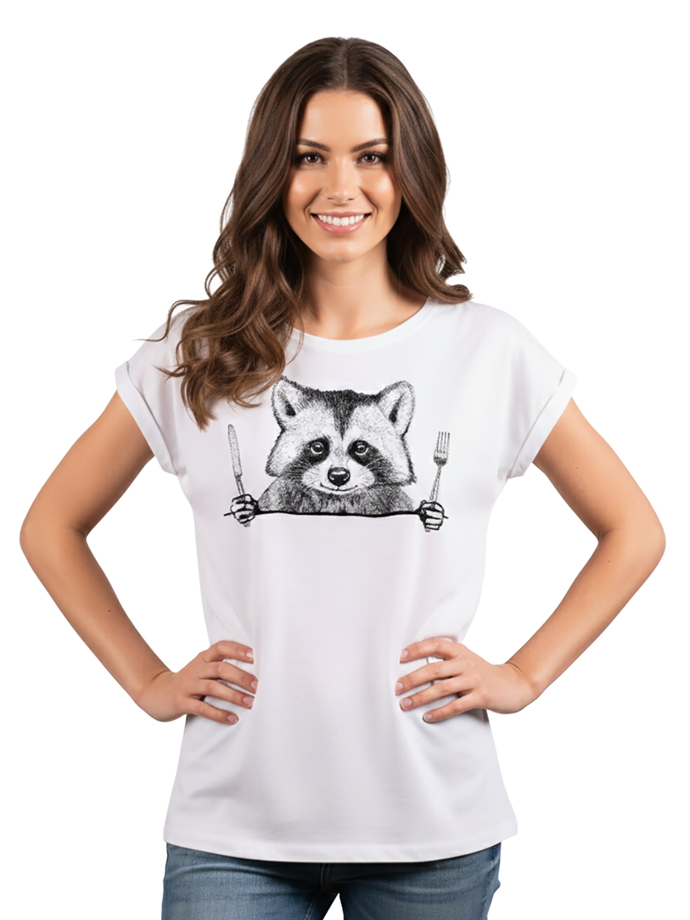 MAKAYA Shirt 'Waschbär Gabel' in White: front