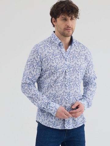 Slim fit Camicia business 'Leonardo Sport Linen Man Shirt White Blue' di 7Camicie in bianco