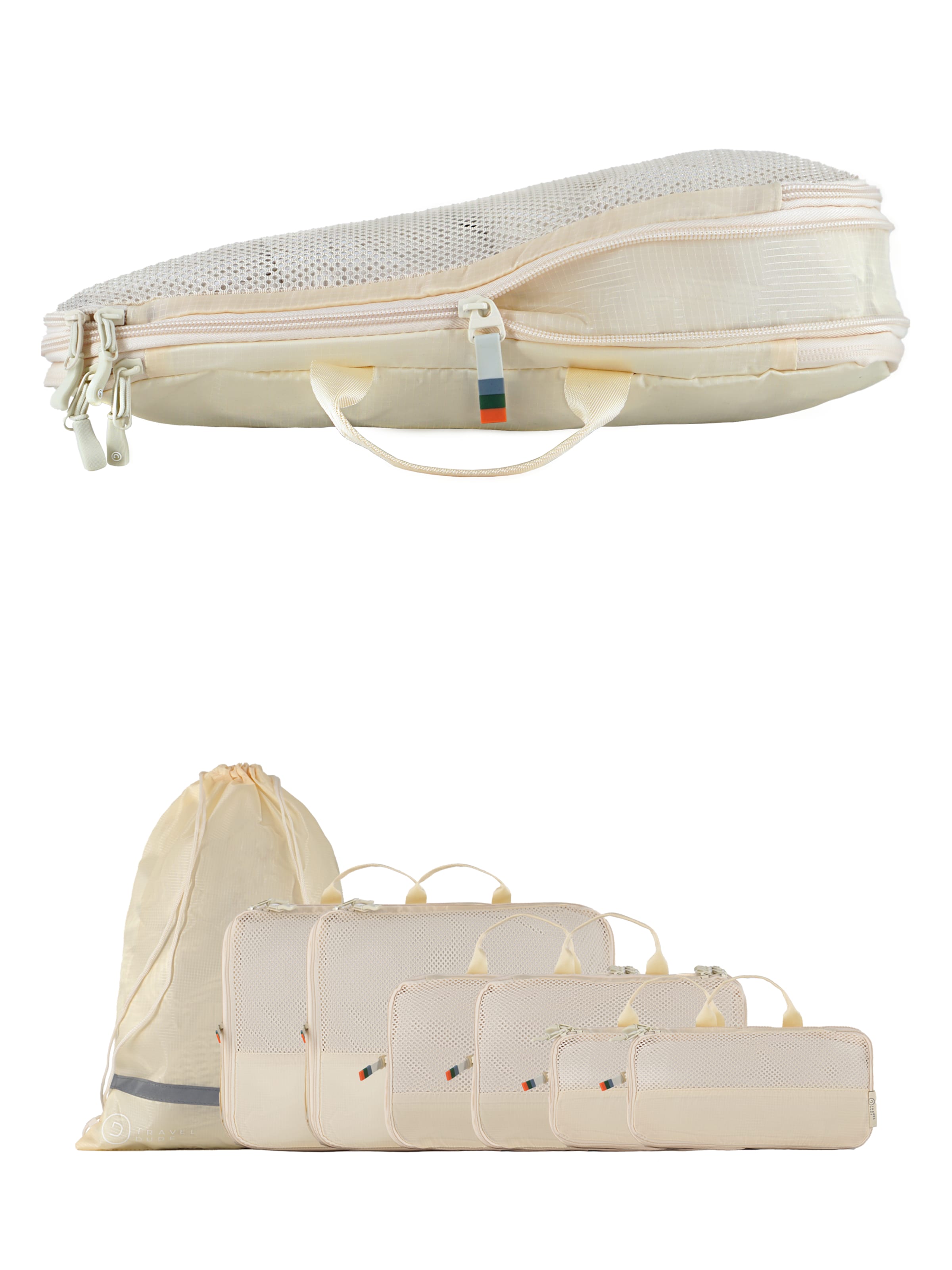 TRAVEL DUDE Travel Bag 'Packing Cubes Set 7 Teilig mit Kompression, Packwürfel, Packtaschen Set für Rucksack & Koffer' in Beige: front