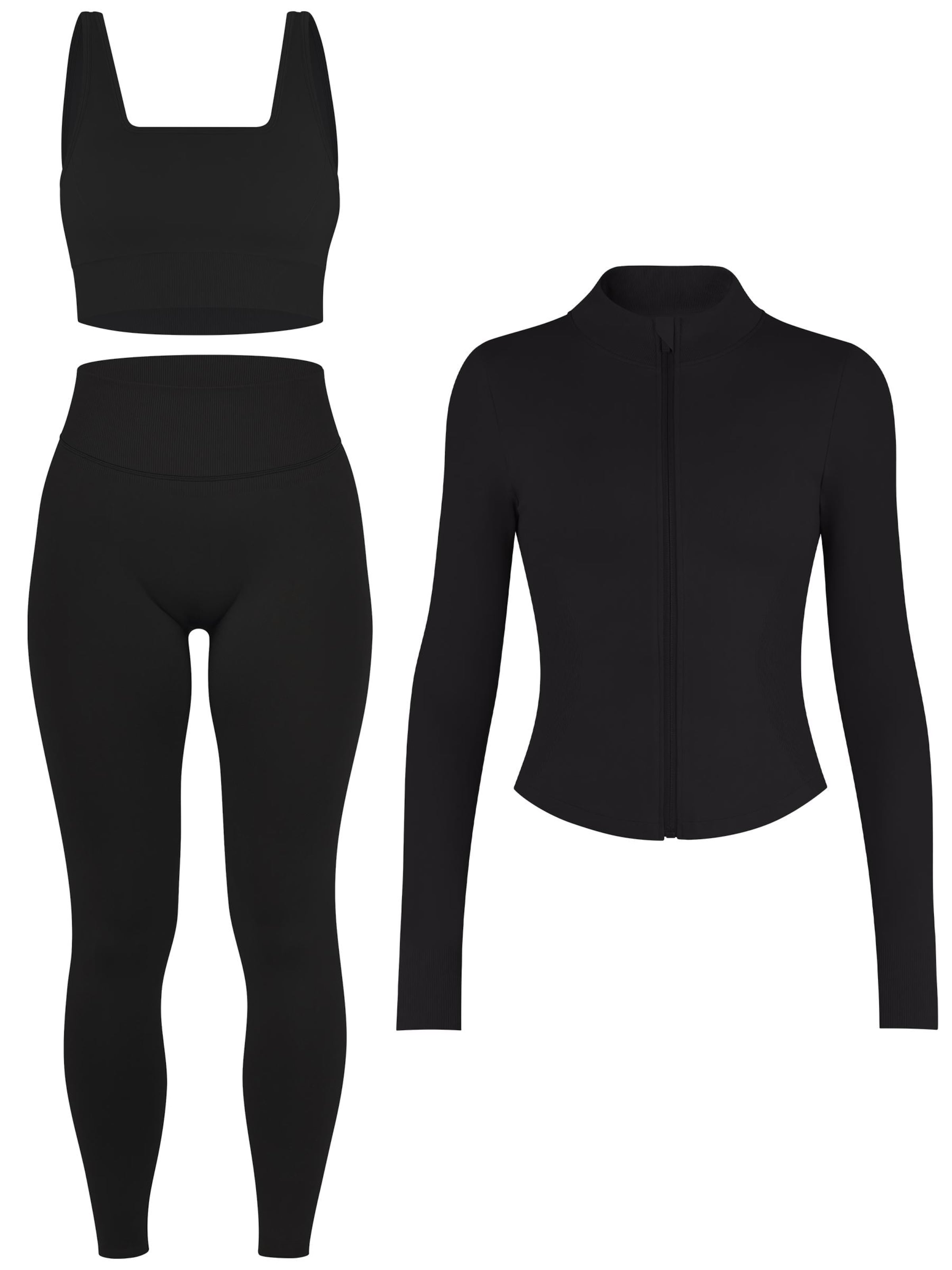 Circle Five Sports Suit 'Scrunch Shape Trainings-Set (Push-Up Leggings, Zipper Shaping Jacke und Medium Support Sport-BH)' in Black: front