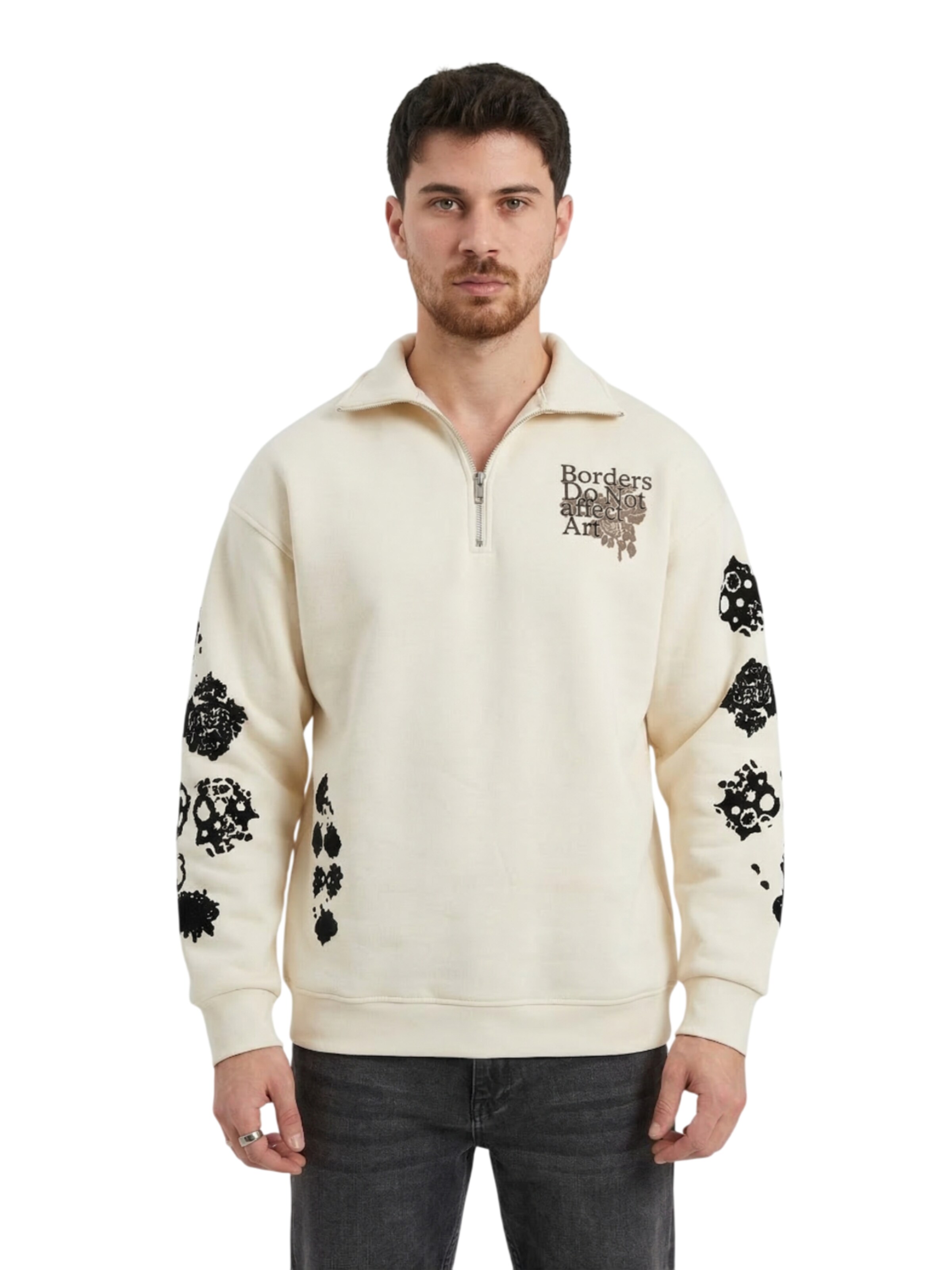 Kleidermafia Sweatshirt 'Oversize Half-Zip Graphic Sweatshirt - Beige' in Beige: front