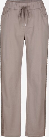 MIAMODA Hose, Straight Fit, Ziernieten-Band, Elastikbund in Beige: predná strana