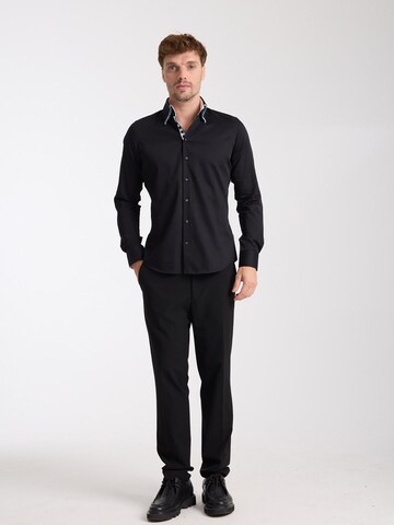 7Camicie Slim fit Zakelijk overhemd 'Vesuvio Satin Man Shirt Blue' in Zwart