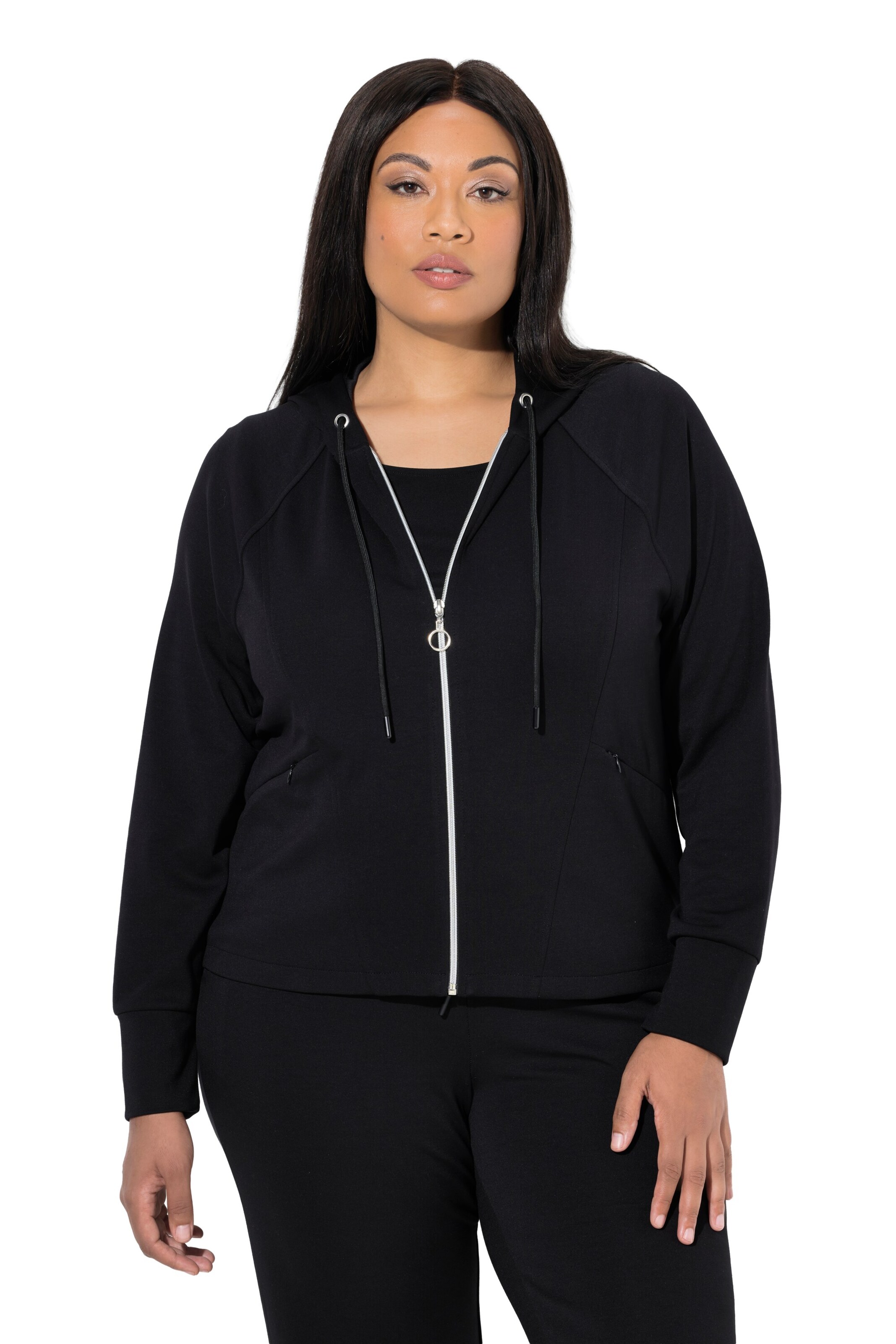 Ulla Popken Zip-Up Hoodie in Black: front