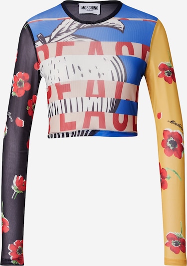 Marškinėliai iš Moschino Jeans, spalva – sodri mėlyna („karališka“) / geltona / raudona / juoda, Prekių apžvalga