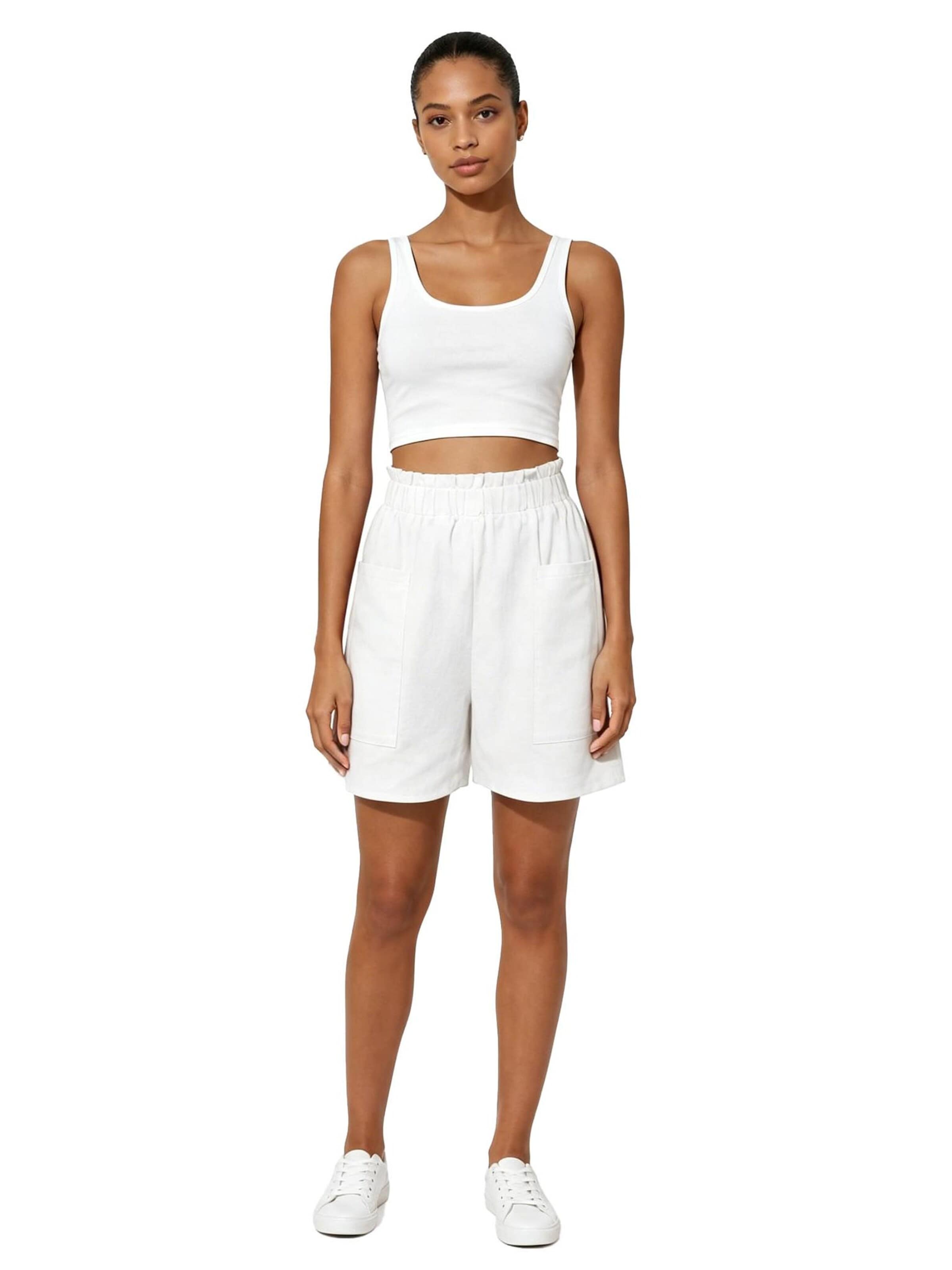KoJooin Loose fit Pants 'Leinen-Shorts für Damen elastischer Bund,leichte Strandshorts mit Seitentaschen,lässig für Freizeit' in White: front