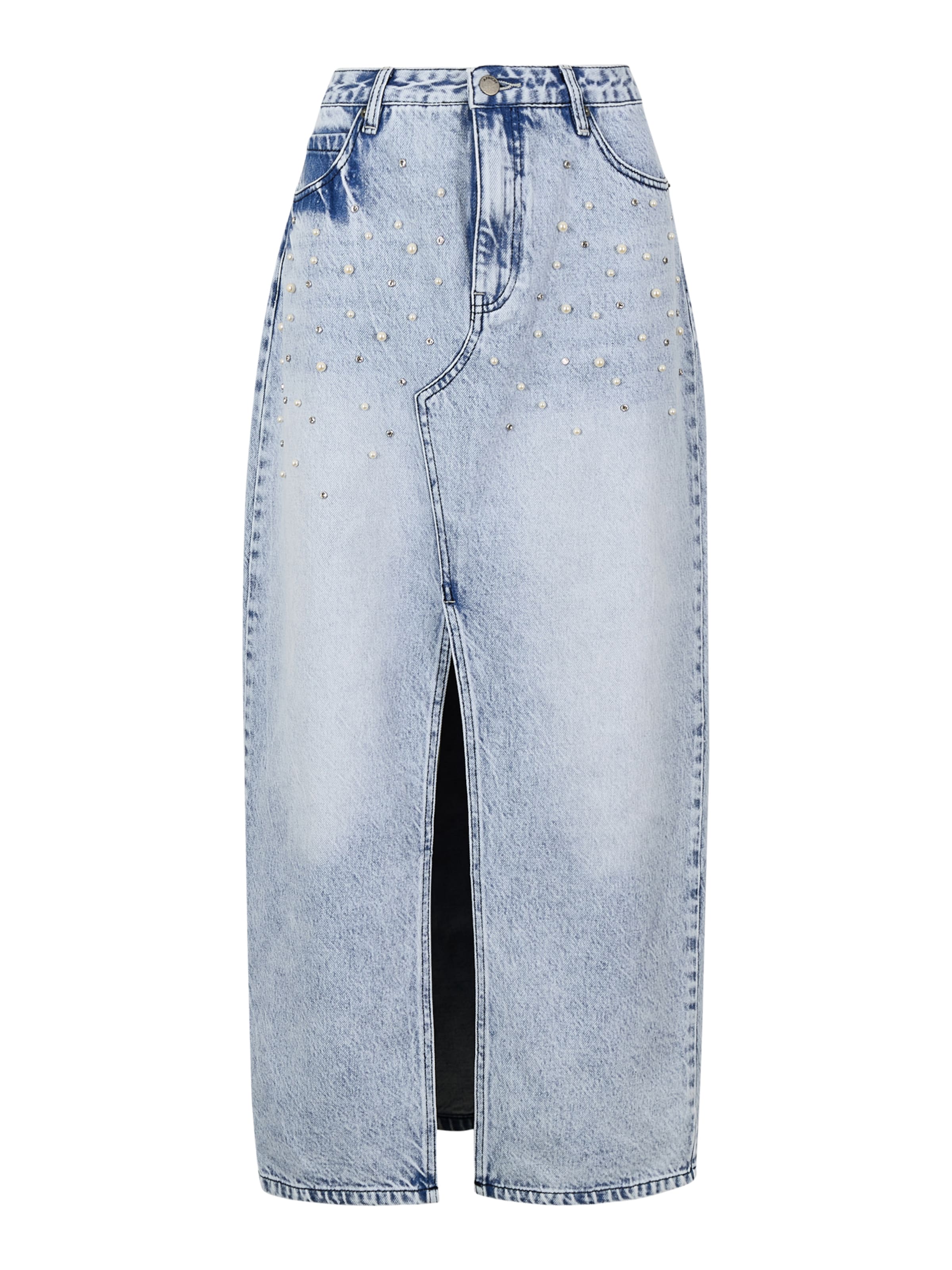Apricot Amara Pearl Embellished Denim Midi Skirt ' ' in Blau: Vorderseite