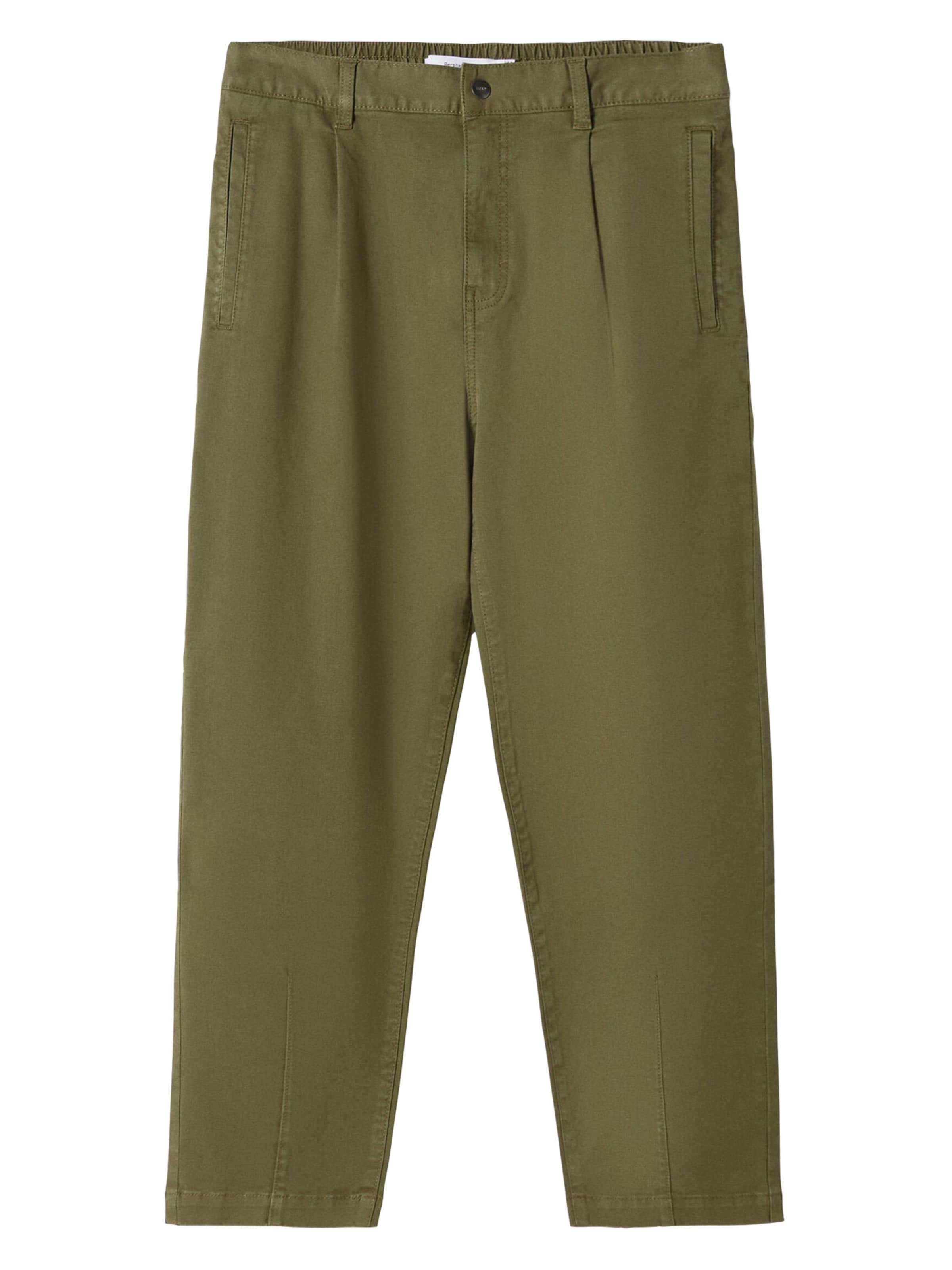 Bershka Loosefit Kalhoty se sklady v pase – zelená: přední strana