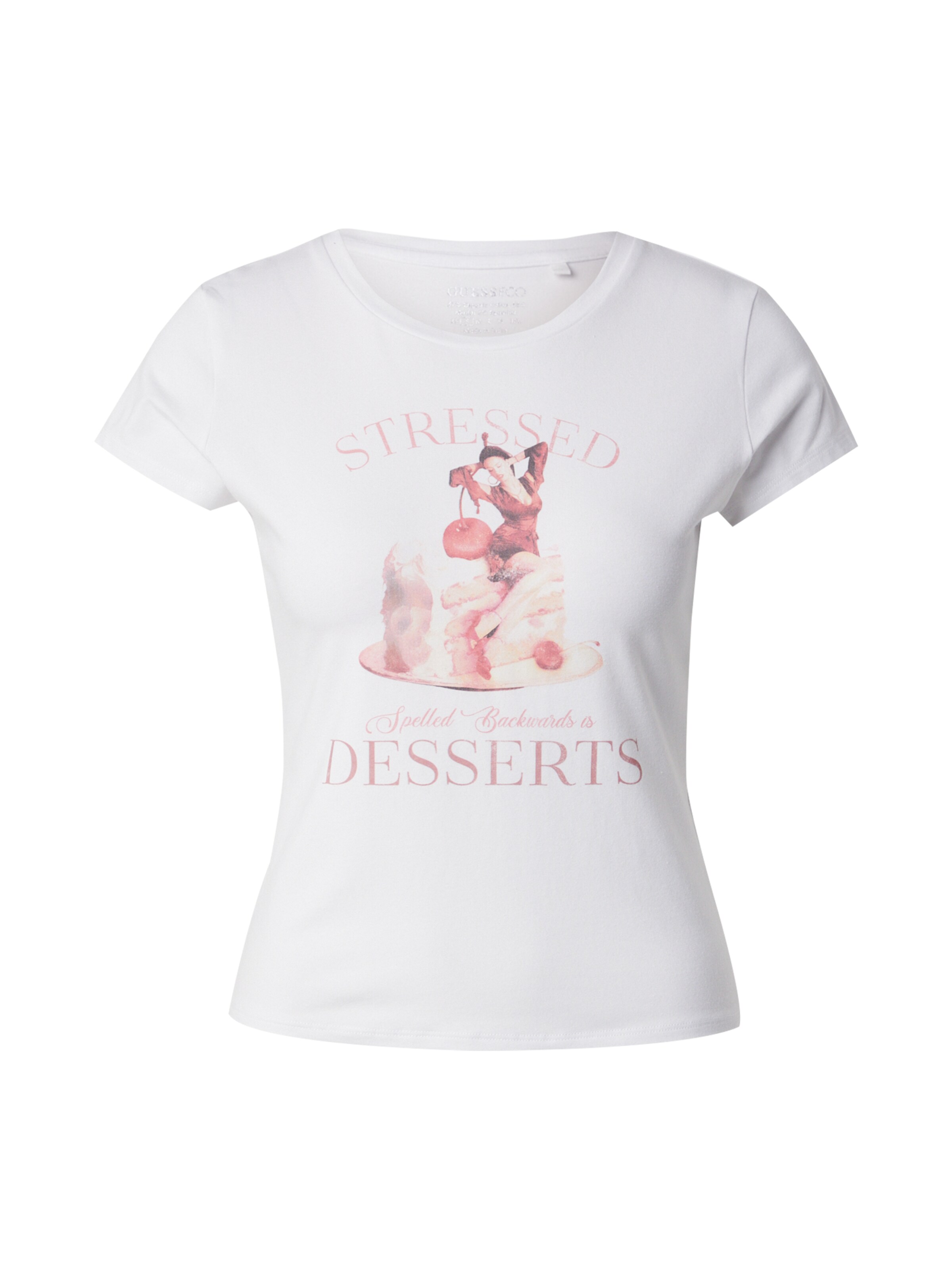 Tricou 'VINTAGE GIRL' de la GUESS pe alb: față