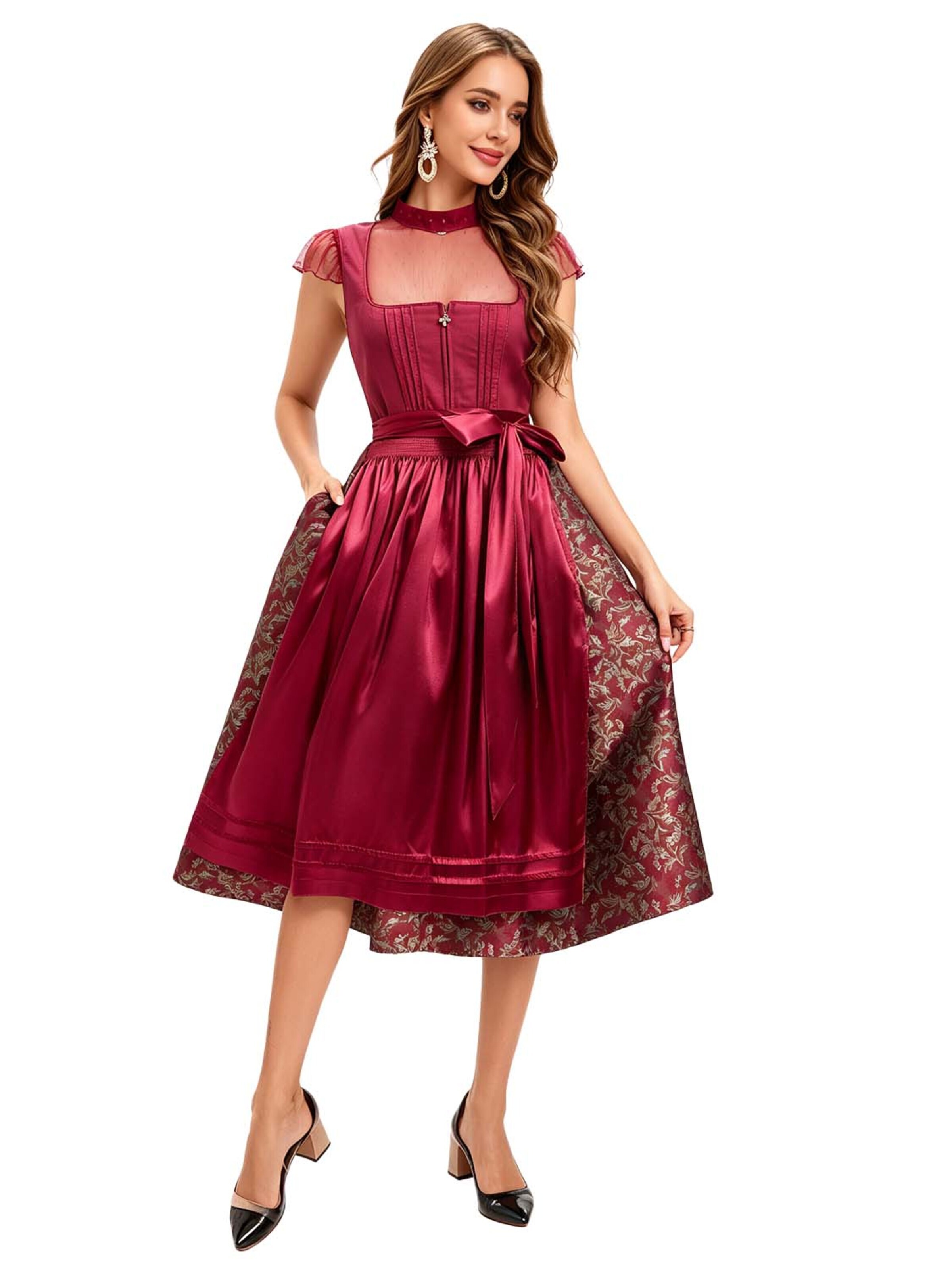KoJooin Dirndl 'Damen Trachten-Set Baumwoll Dirndlkleid mit Jacquard,Satin-Schürze und Spitzenshirt mit Pünktchen' w kolorze czerwony