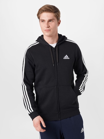 ADIDAS SPORTSWEAR Skinny Athletic Zip-Up Hoodie 'Essentials Fleece 3-Stripes ' in Black: front