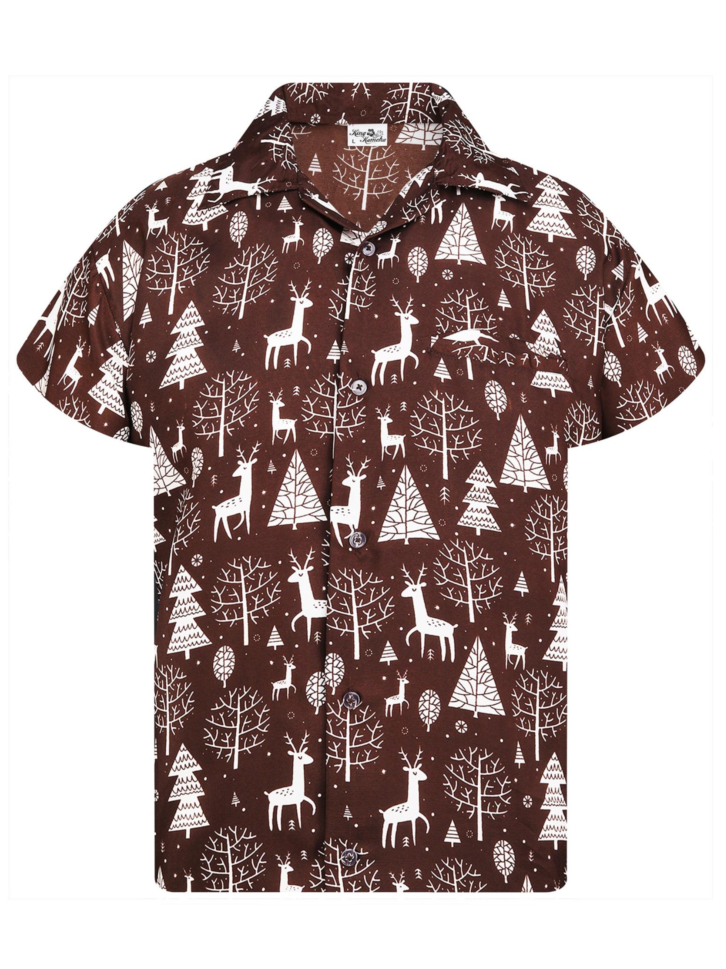King Kameha Button Up Shirt 'Christmas Reindeer' in Brown: front