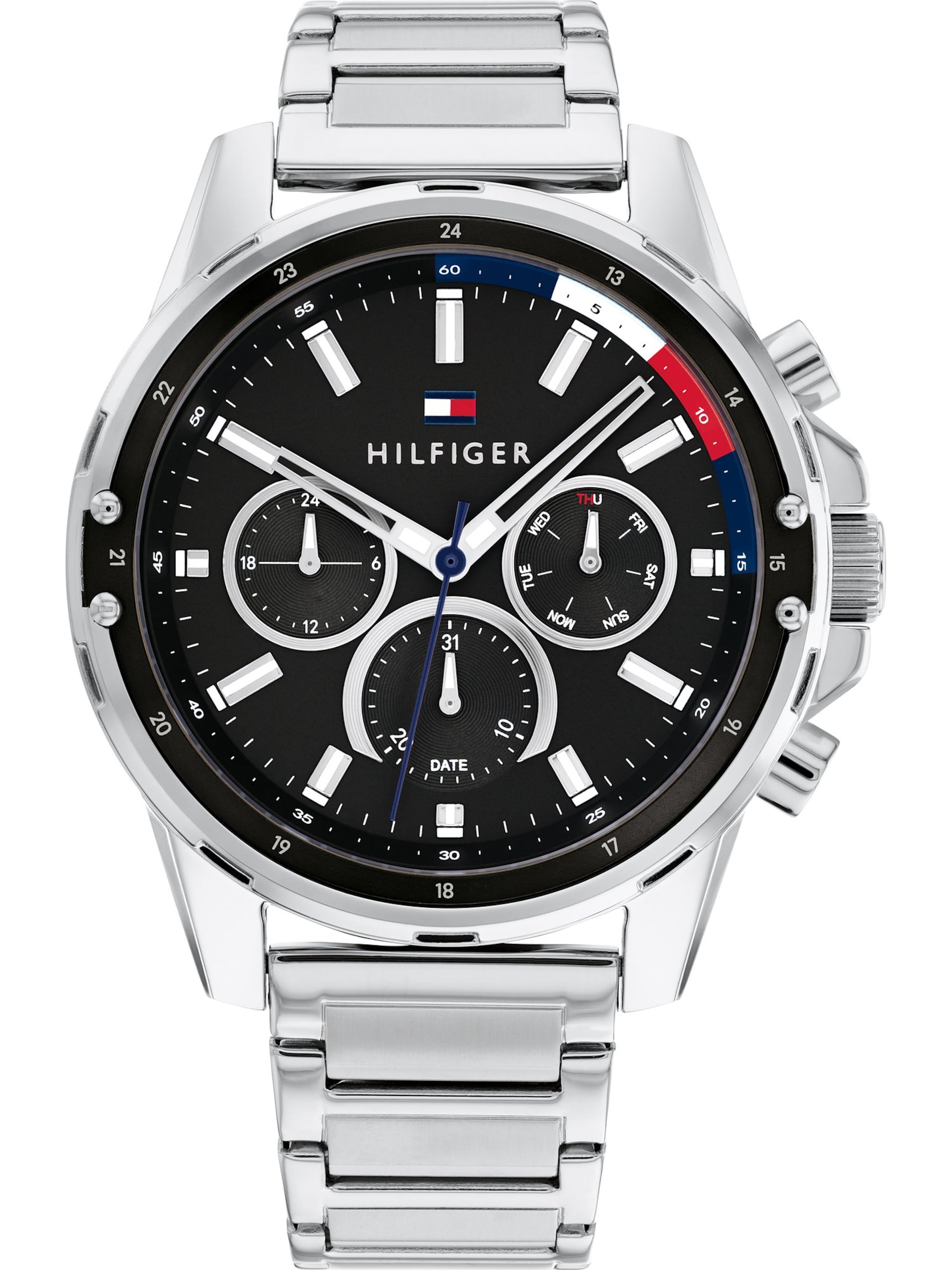 TOMMY HILFIGER Montre à affichage analogique en bleu marine / rouge / noir / argent / blanc, Vue avec produit