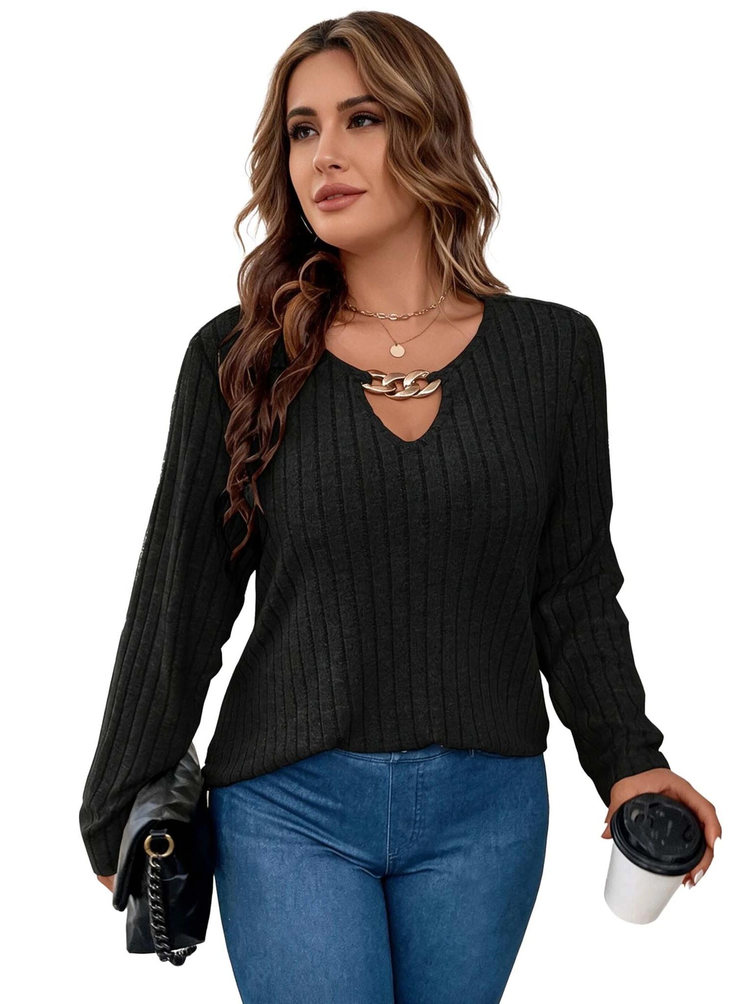 KoJooin Koszulka 'Damen-Plus-Size-Langarmshirt mit V-Ausschnitt und feiner Rippstruktur' w kolorze czarny