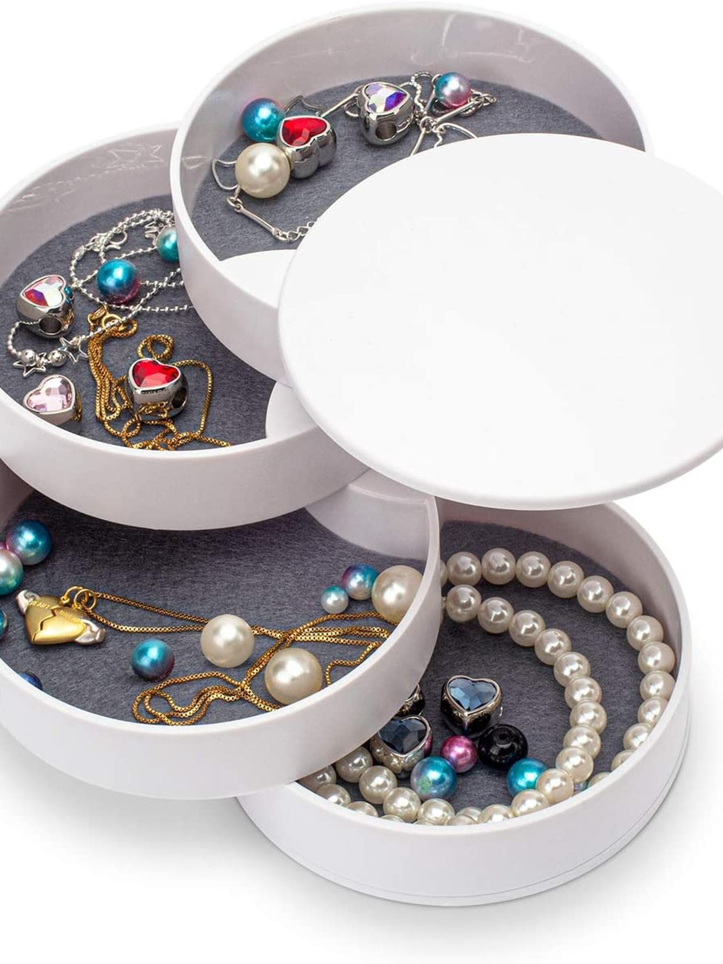 Boîte à bijoux 'Rotating Round Jewelry Organizer with 4 Compartments - White' UNIQ Beauty en blanc : devant