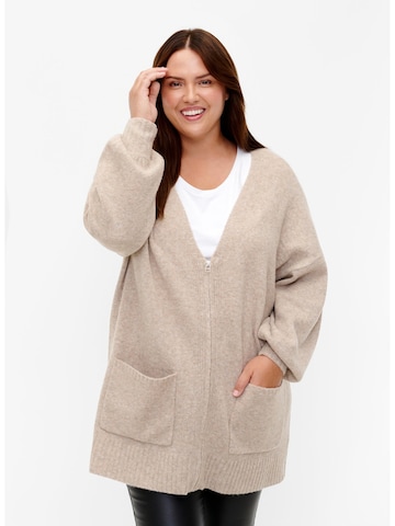 Zizzi Gebreid vest 'MCOMFY' in Beige: voorkant