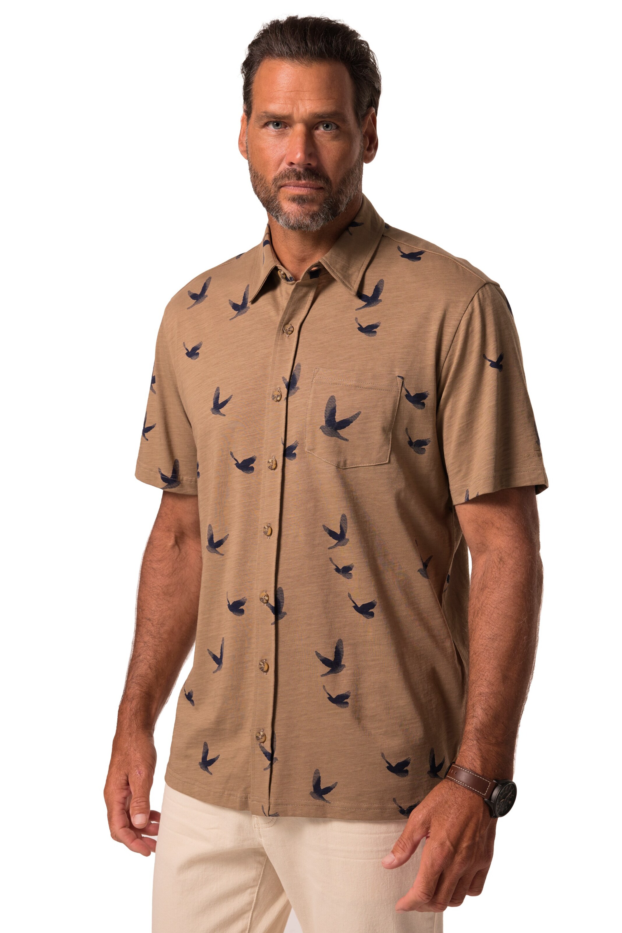 JP1880 Regular fit Overhemd in Bruin: voorkant