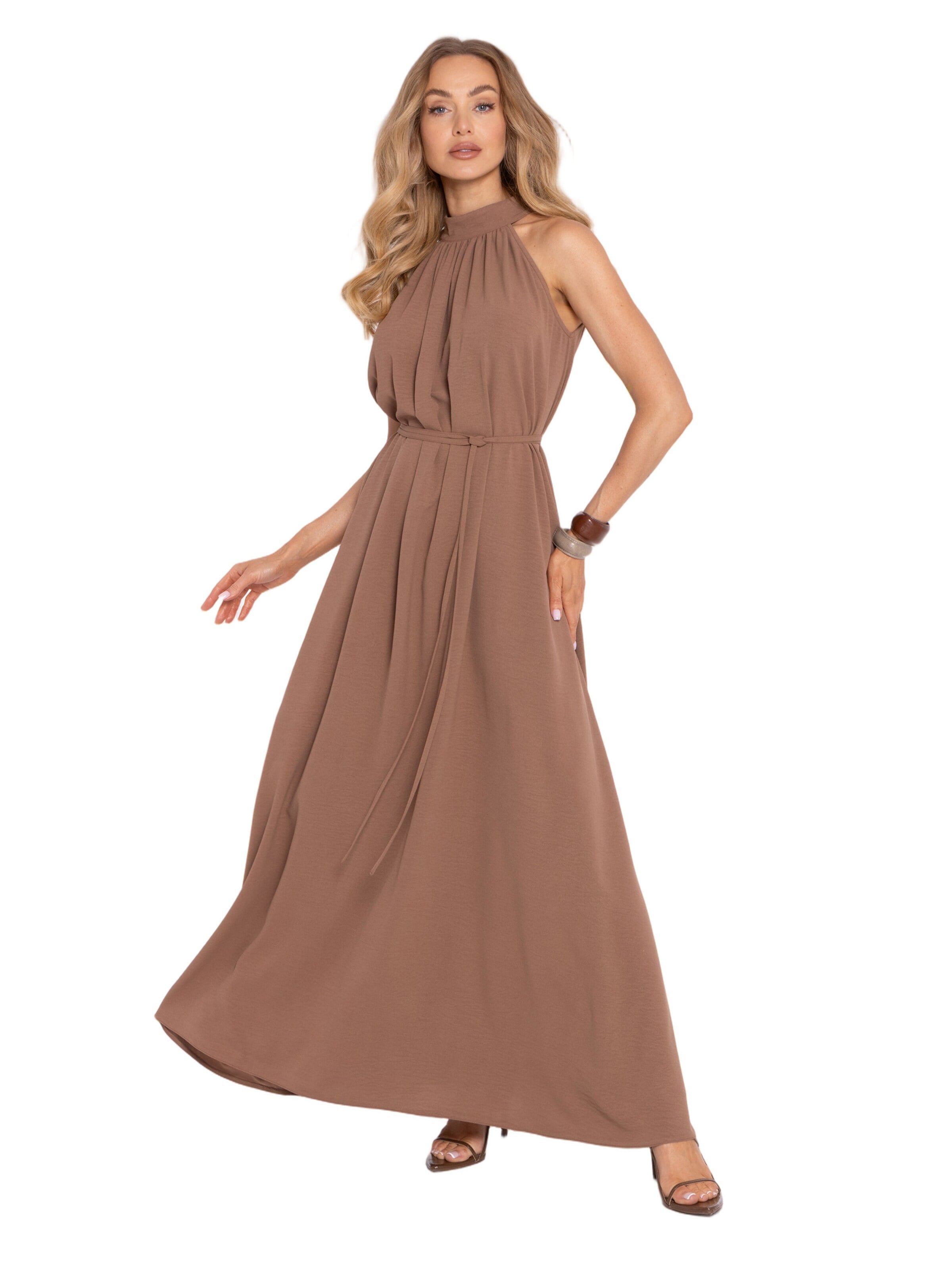 made of emotion Šaty 'Sukienka maxi halter neck z paskiem' – hnědá