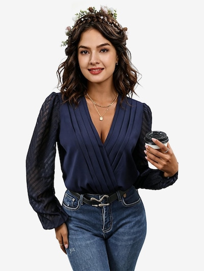 KoJooin Shirt Bodysuit 'Damen-Body mit langen Ärmeln, Bluse, tiefem V-Ausschnitt, transparenten Ärmeln,Trikot-Shirt' in XL in Navy, Item view