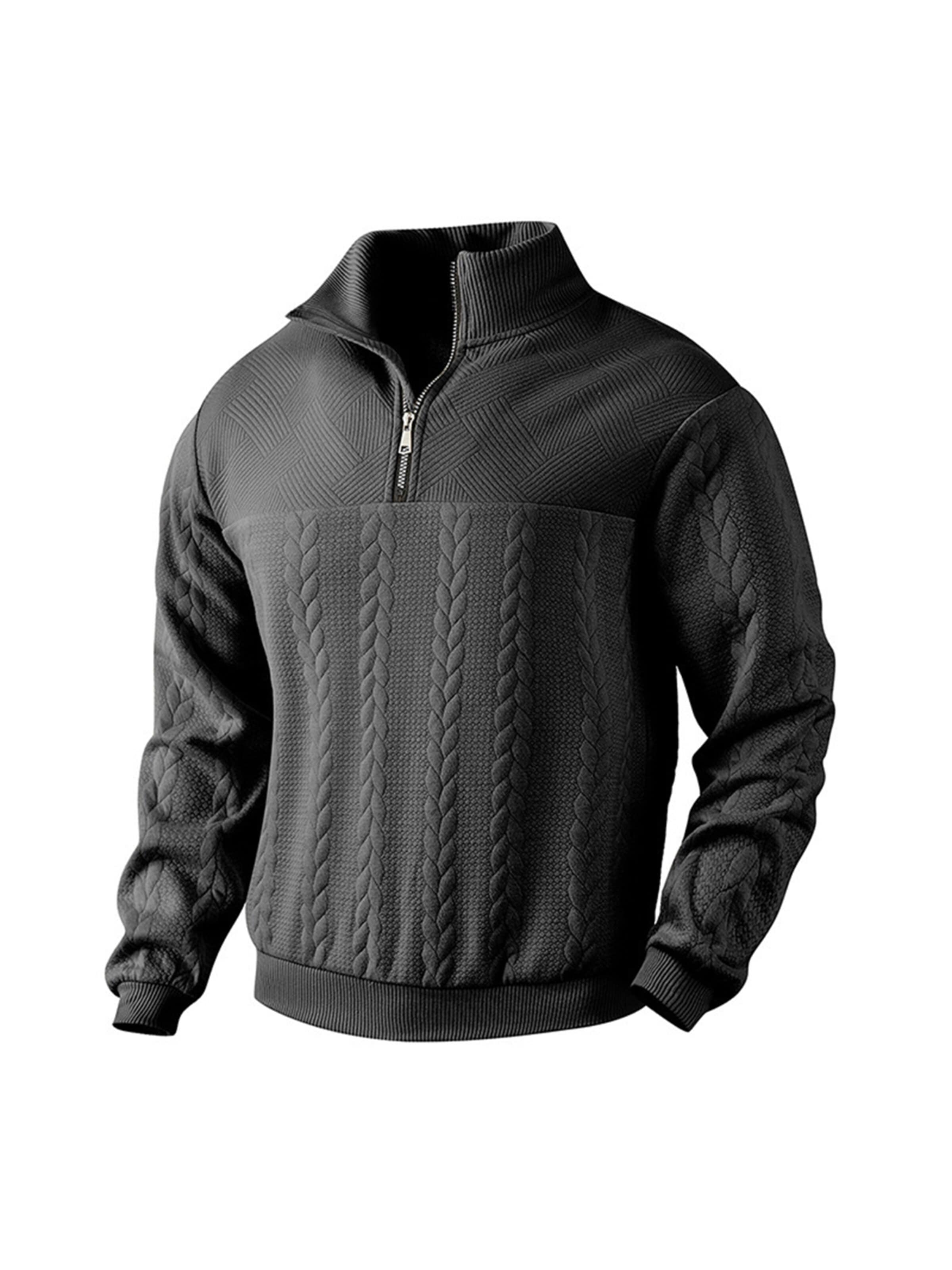 KoJooin Sweater 'Herren Pullover mit 1/4-Reißverschluss und Kabelstrick – Langarm, Stehkragen, Reguläre Passform' in Black