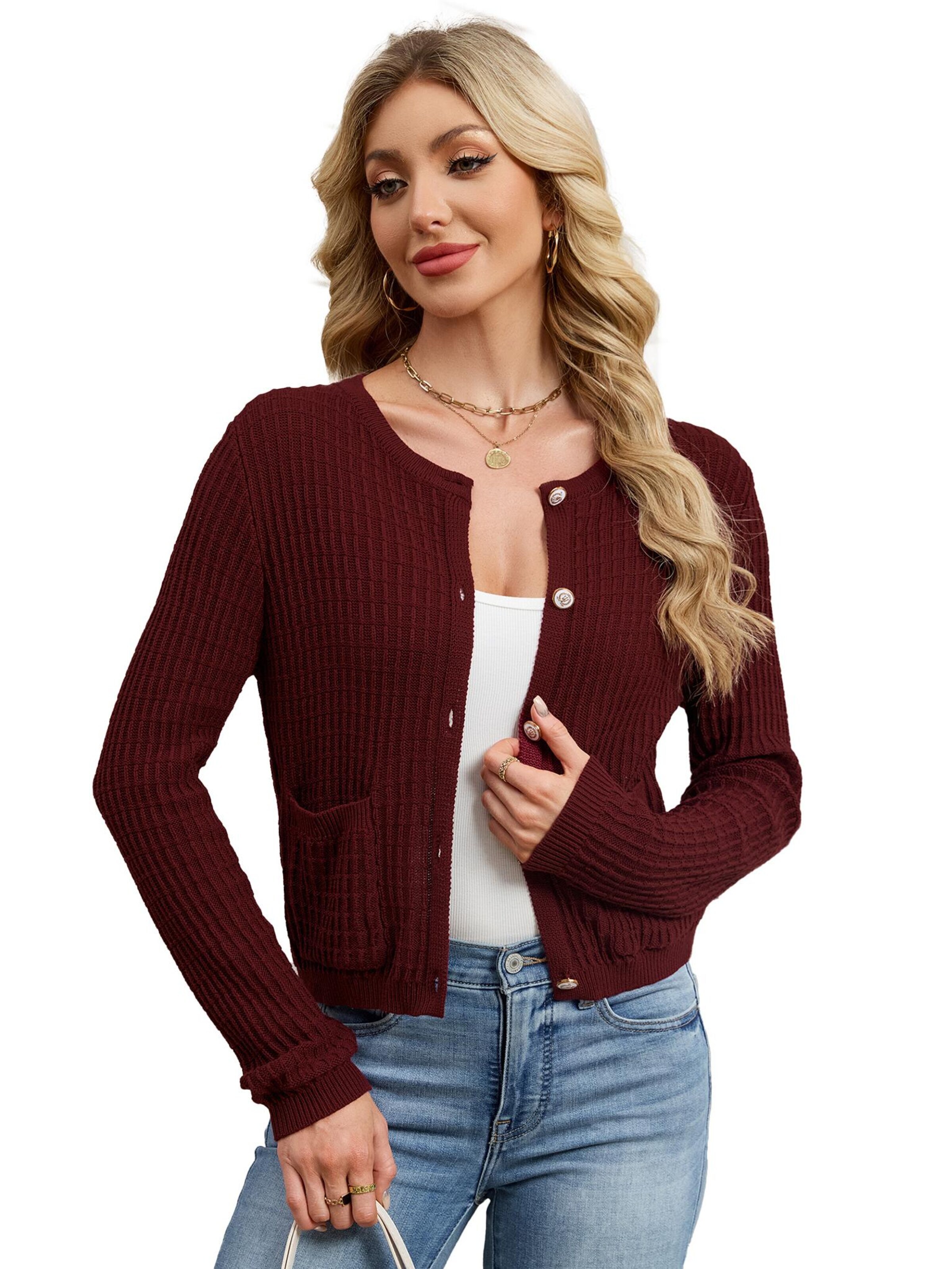 KoJooin Kardigan 'Damen-Strickjacke, modisch, langärmelig, offen, mit Knopfleiste, trendige Freizeitjacke' w kolorze czerwony