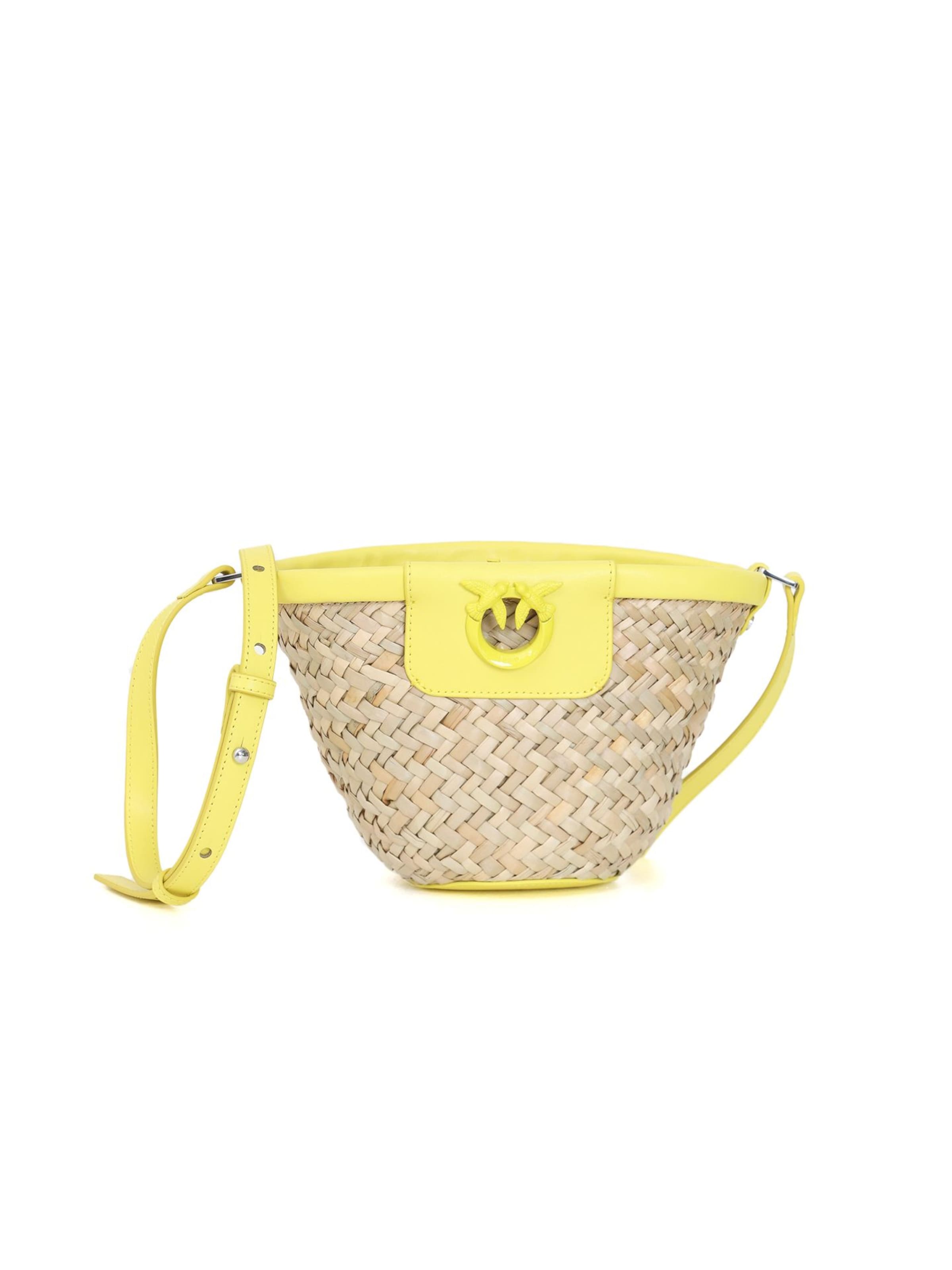 PINKO Handtas 'Love Summer Bucket Rafia + Vitello Seta' in Beige: voorkant
