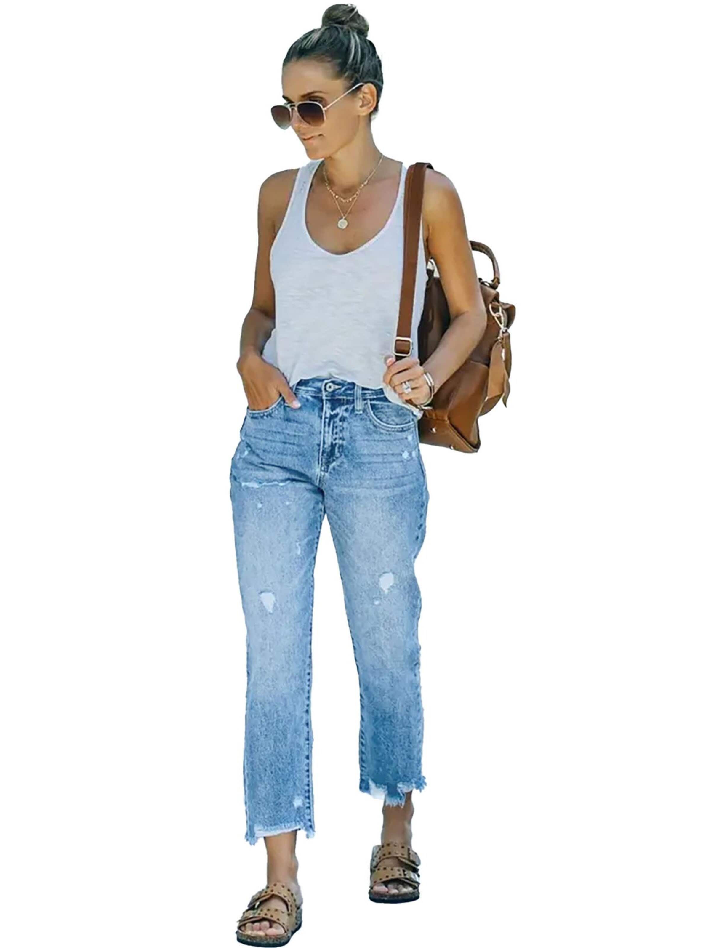 KoJooin Regular Jeans 'Damen 7/8 Straight Leg Jeans mit Used-Effekten und lässigen Destroyed-Details'‌‌‌‌‌‌ in Blau: Vorderseite