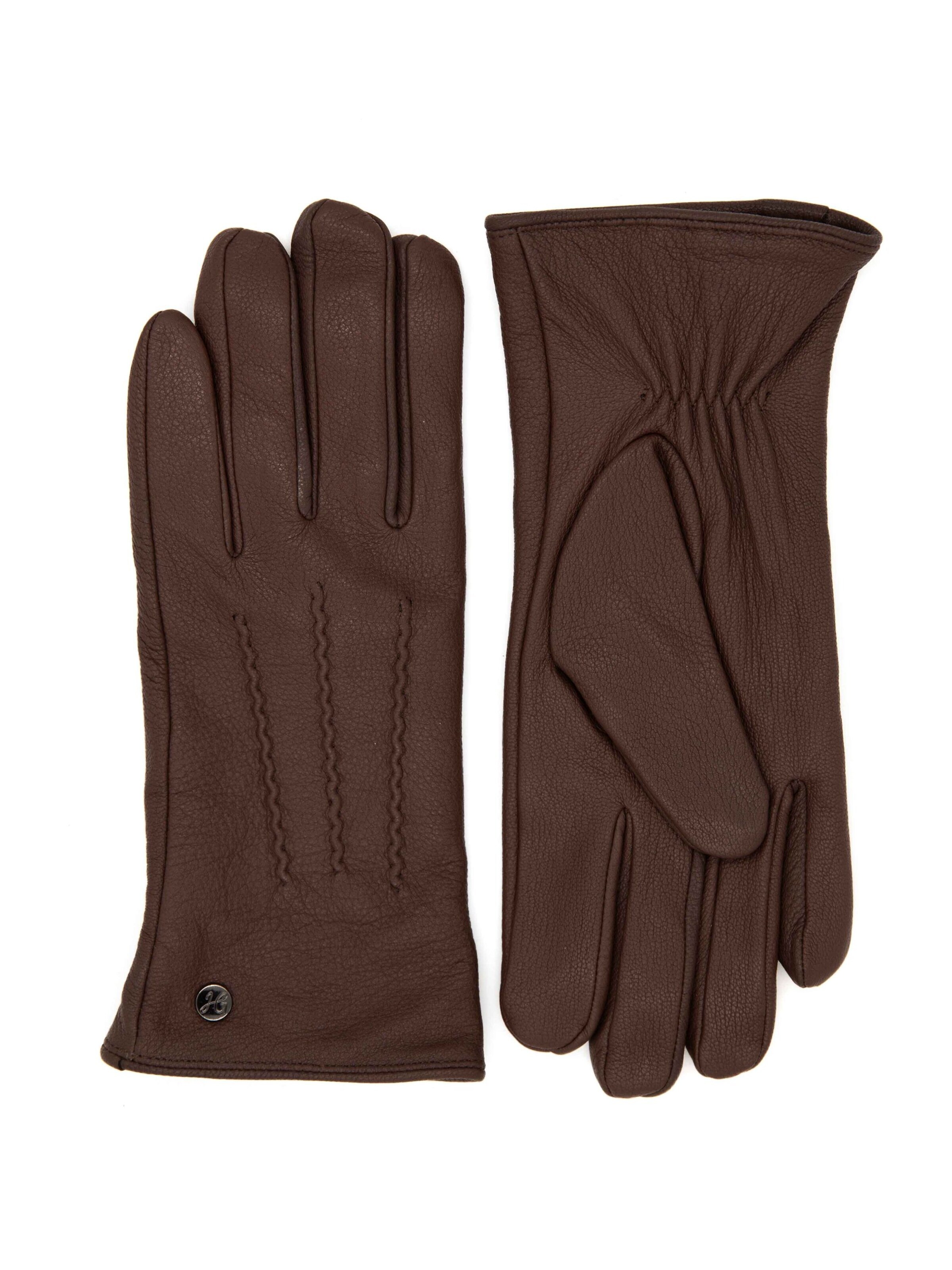 Hand Gewand by Weikert Full finger gloves 'JESS - Ziegeleder Kaschmir Fütterung' in Brown