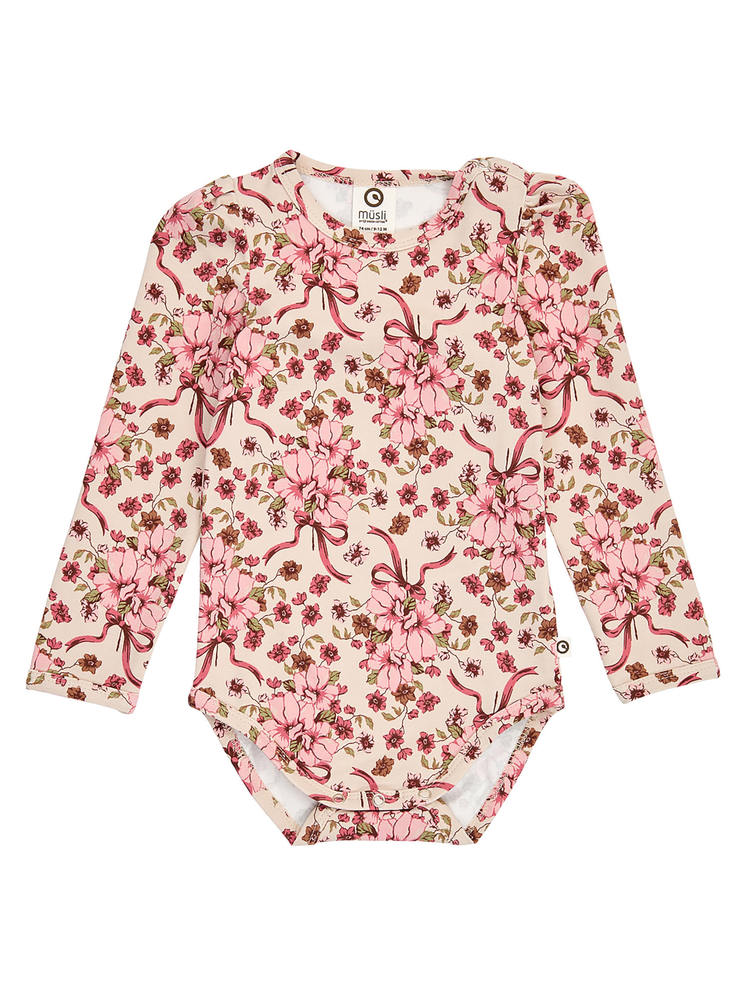 Müsli Rompertje/body in 56 in de kleur Cappuccino / Groen gemêleerd / Rosa / Framboos, Productweergave