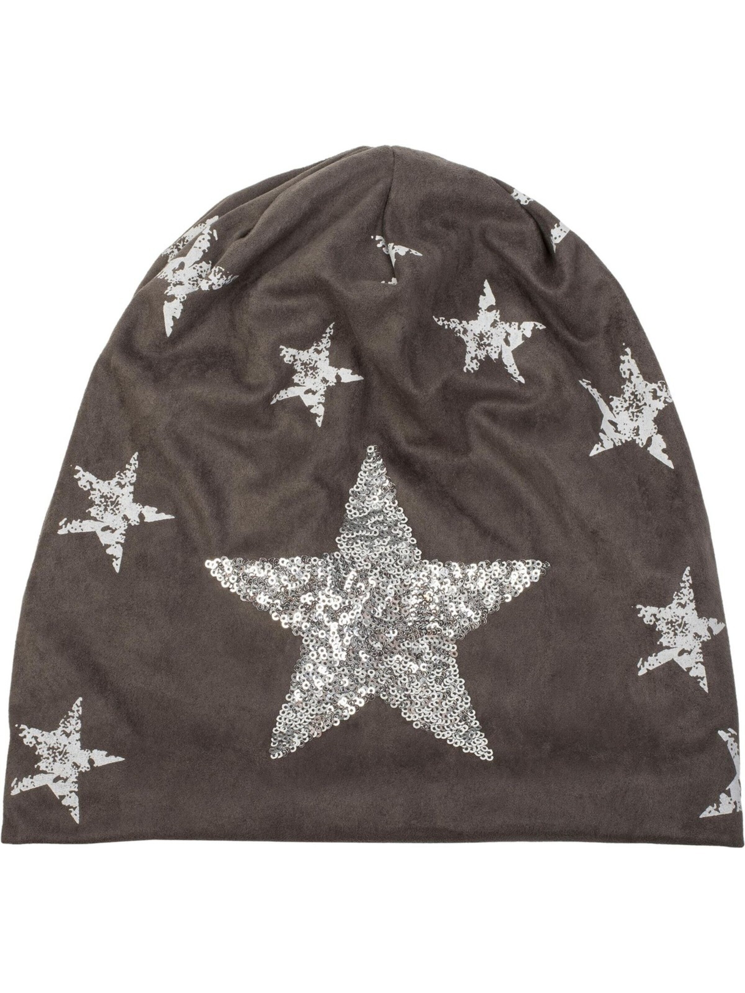 styleBREAKER Mütze 'Beanie in Veloursleder Optik mit Pailletten Stern'‌‌‌‌‌‌‌‌‌‌ in Grau